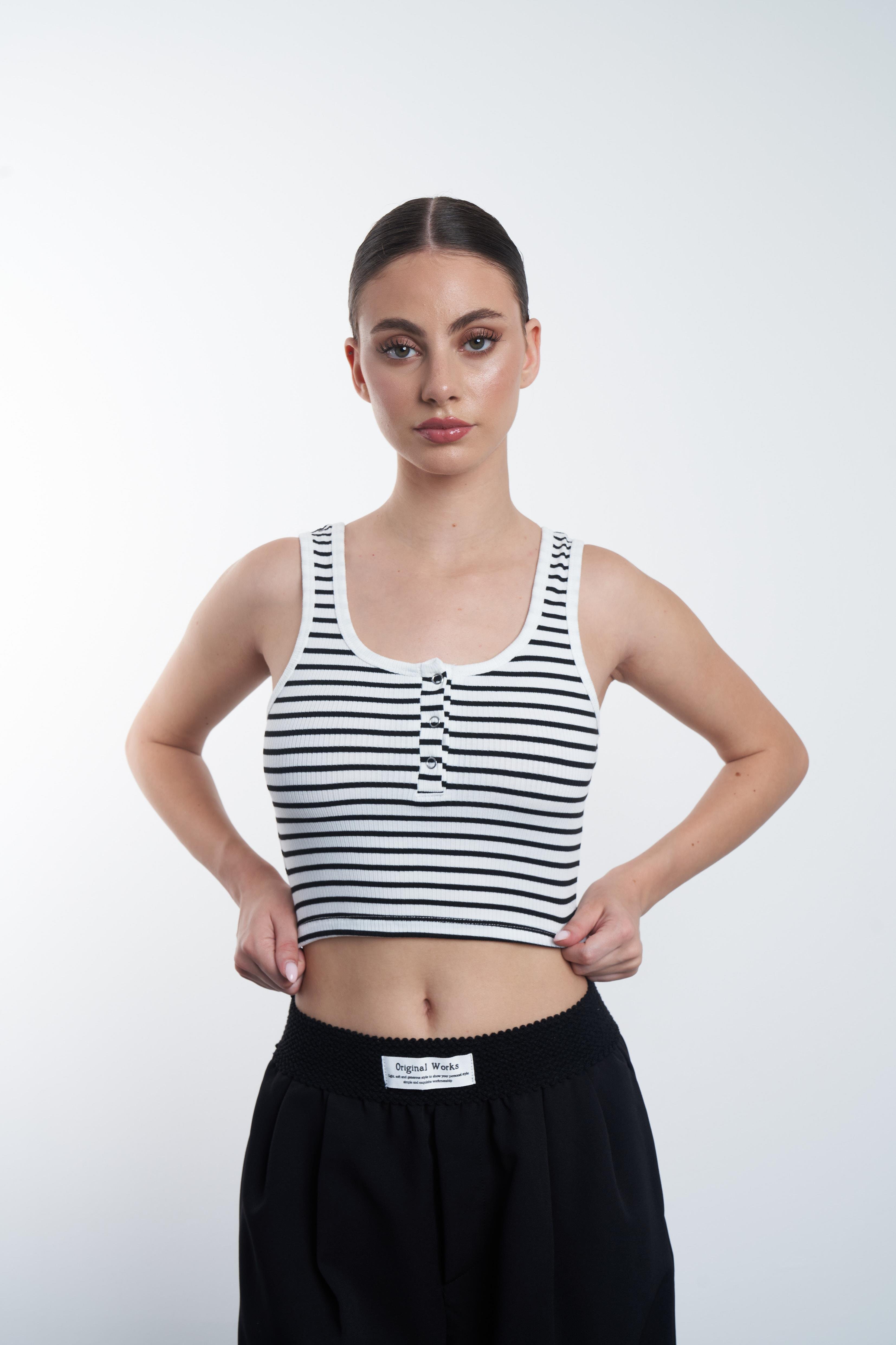 Çizgili Crop Ekru-Siyah