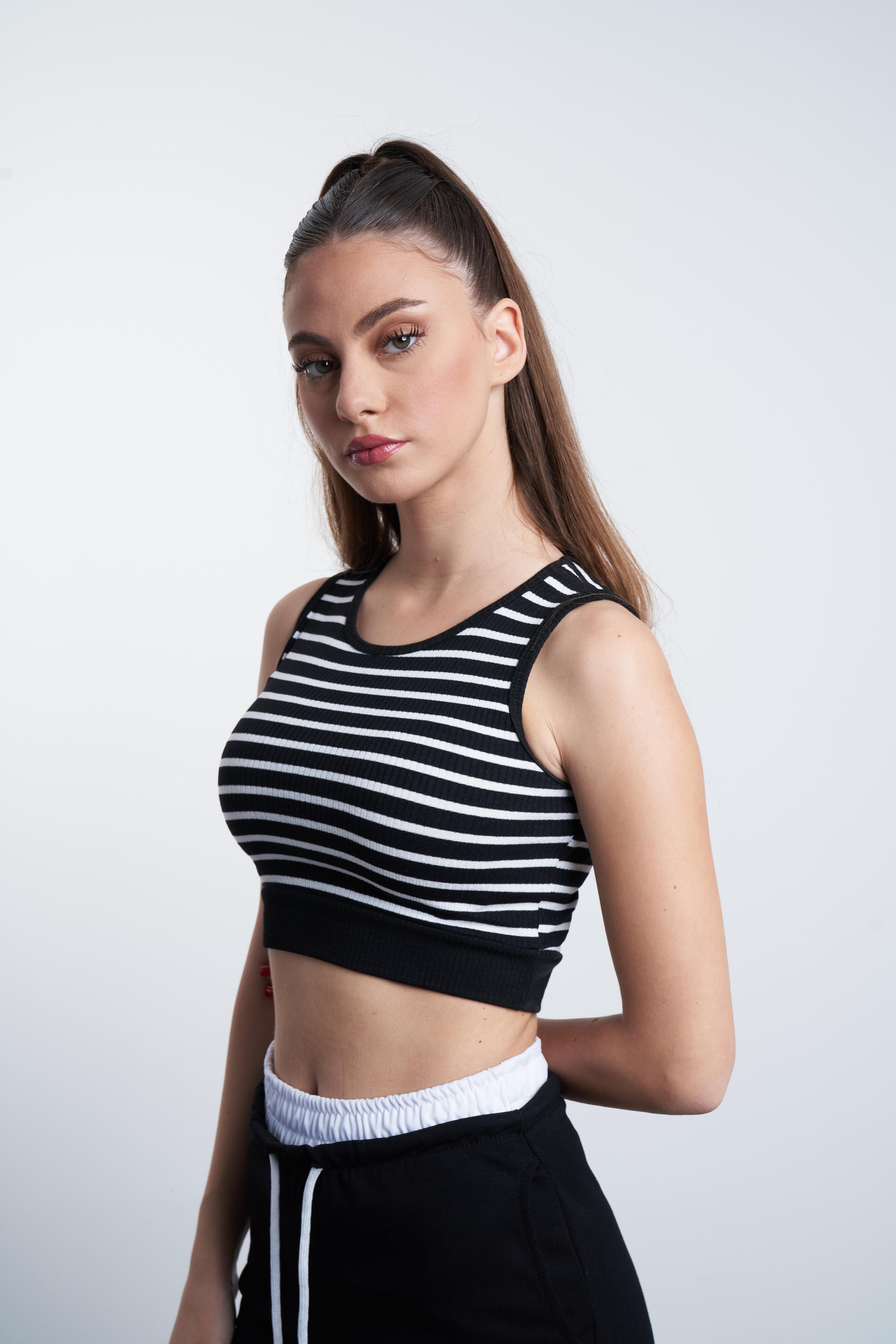 Çizgili Crop Siyah-Ekru