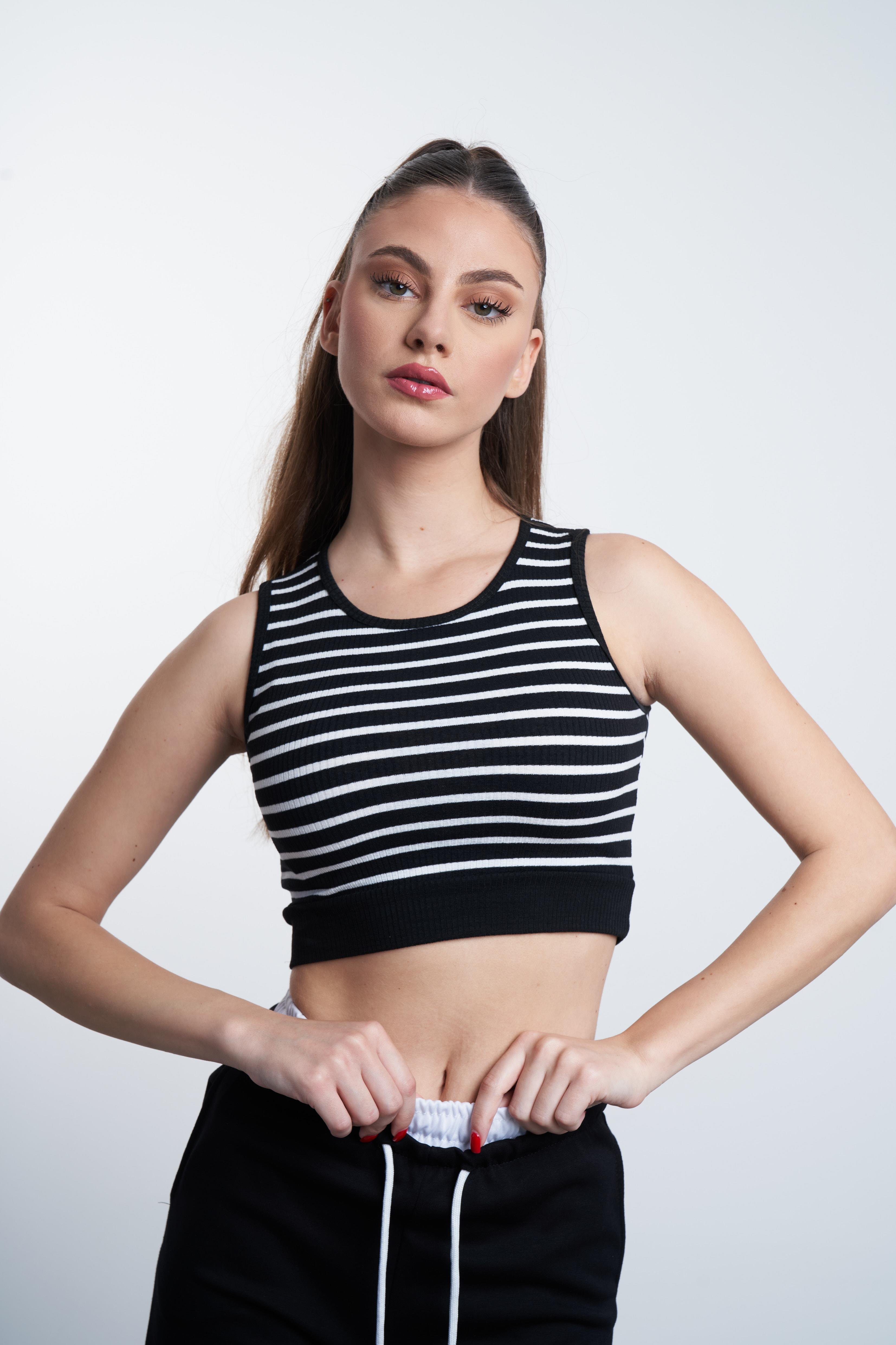 Çizgili Crop Siyah-Ekru