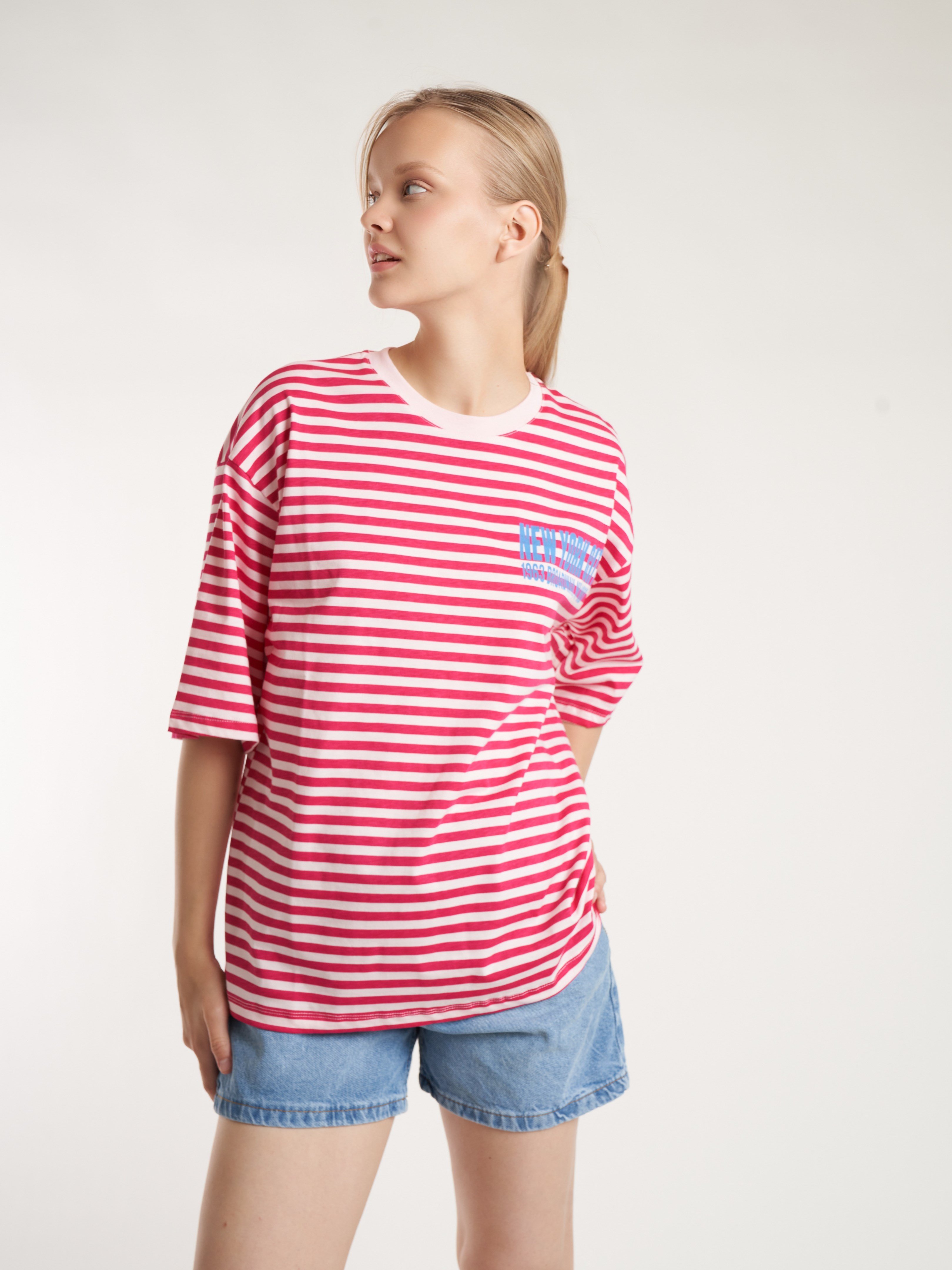 Çizgili Kısa Kol Oversize T-shirt Kırmızı-Toz Pembe