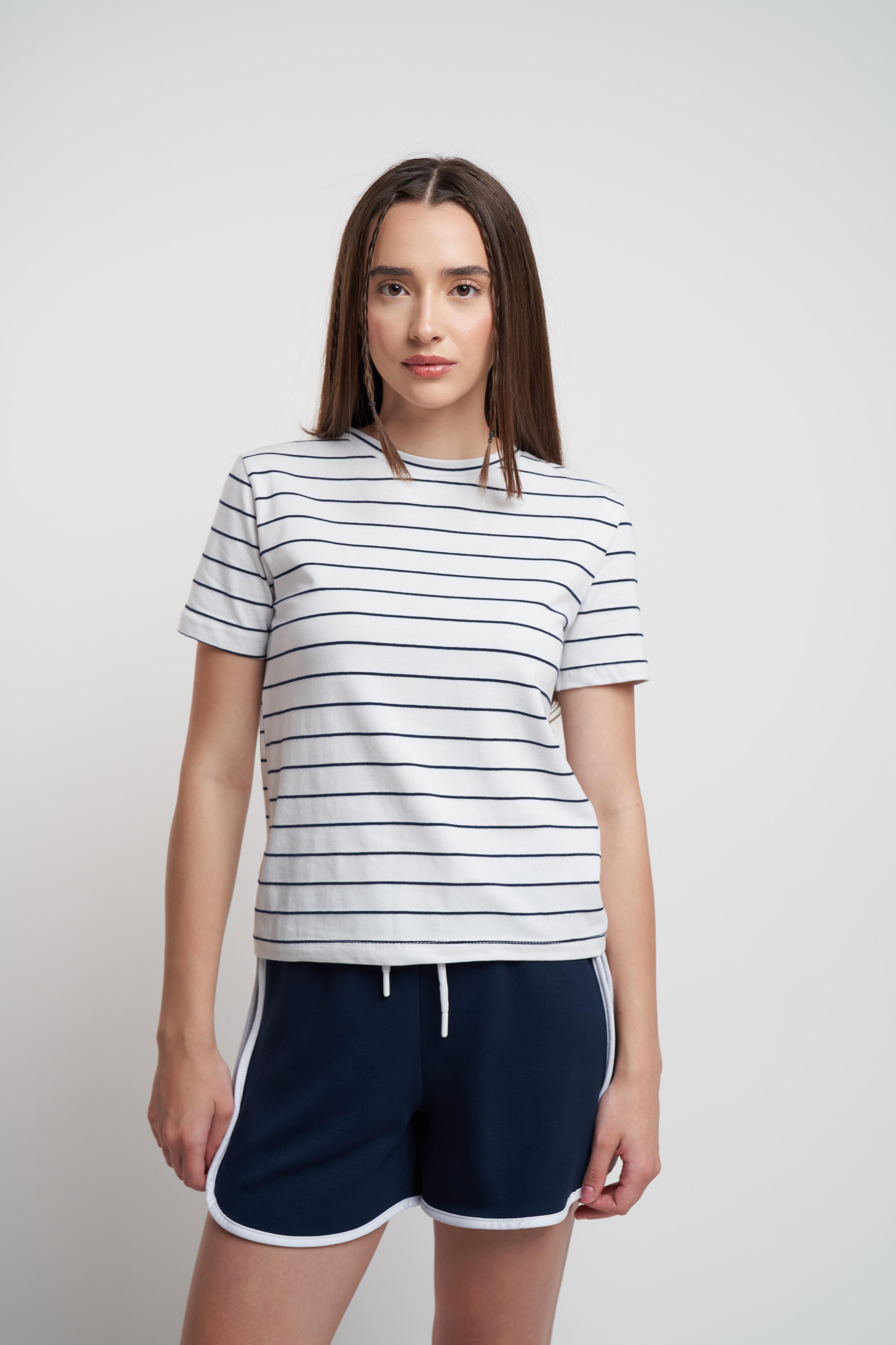 Çizgili Kısa Kol Suprem T-shirt Beyaz-Laci