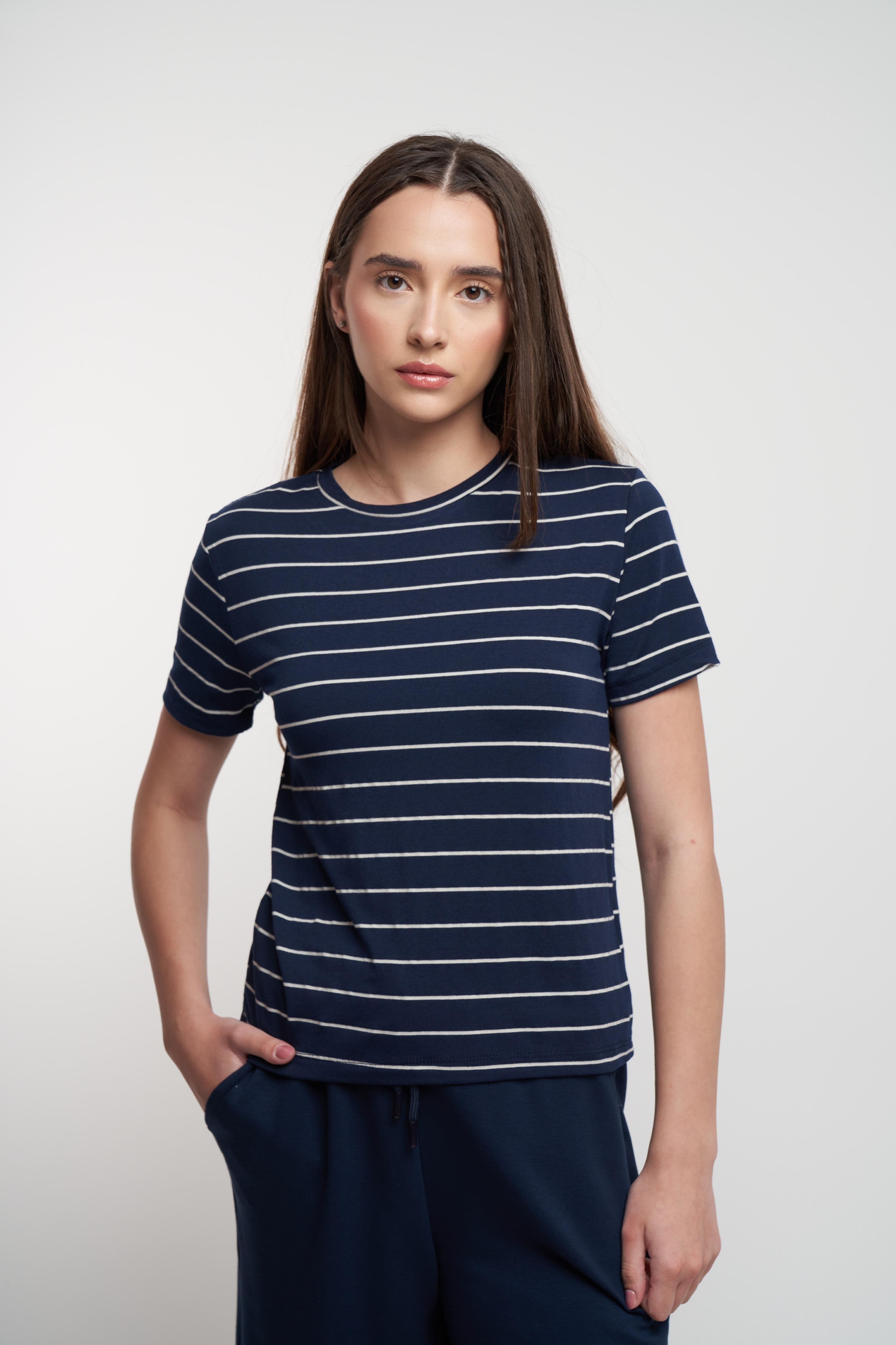 Çizgili Kısa Kol Suprem T-shirt Laci-Beyaz