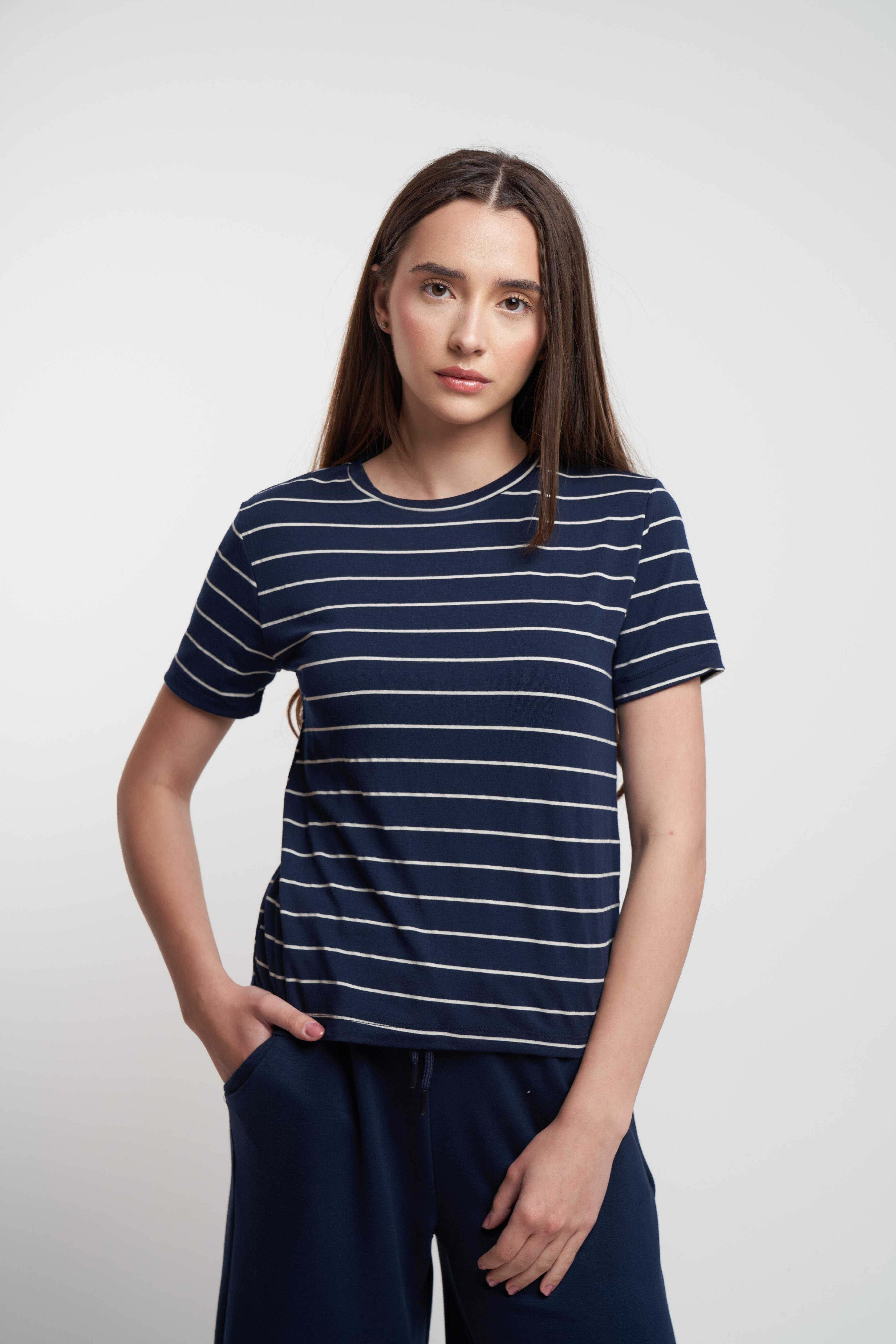 Çizgili Kısa Kol Suprem T-shirt Laci-Beyaz