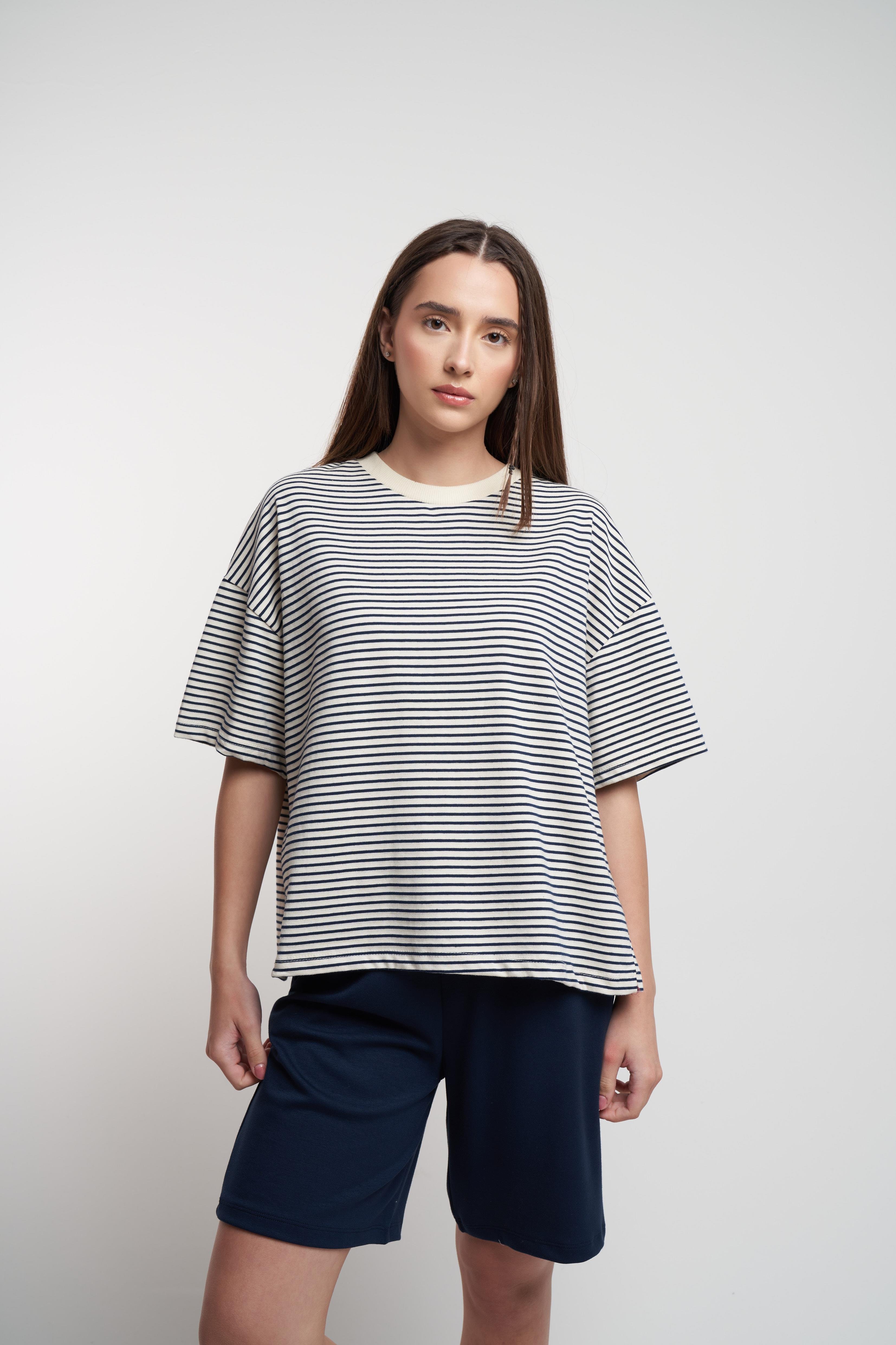 Çizgili Kısa Kol Suprem T-shirt Lacivert-Ekru