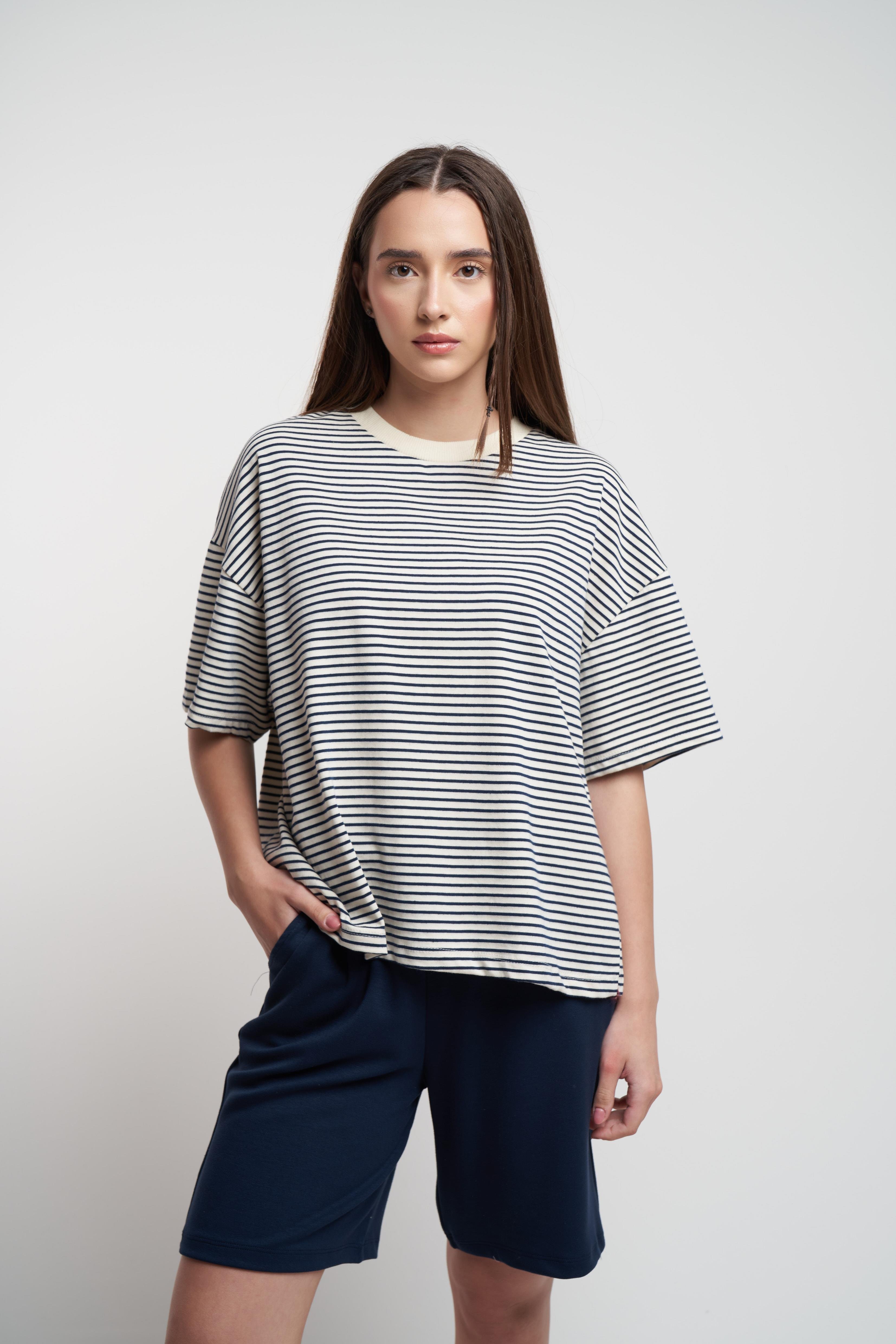 Çizgili Kısa Kol Suprem T-shirt Lacivert-Ekru
