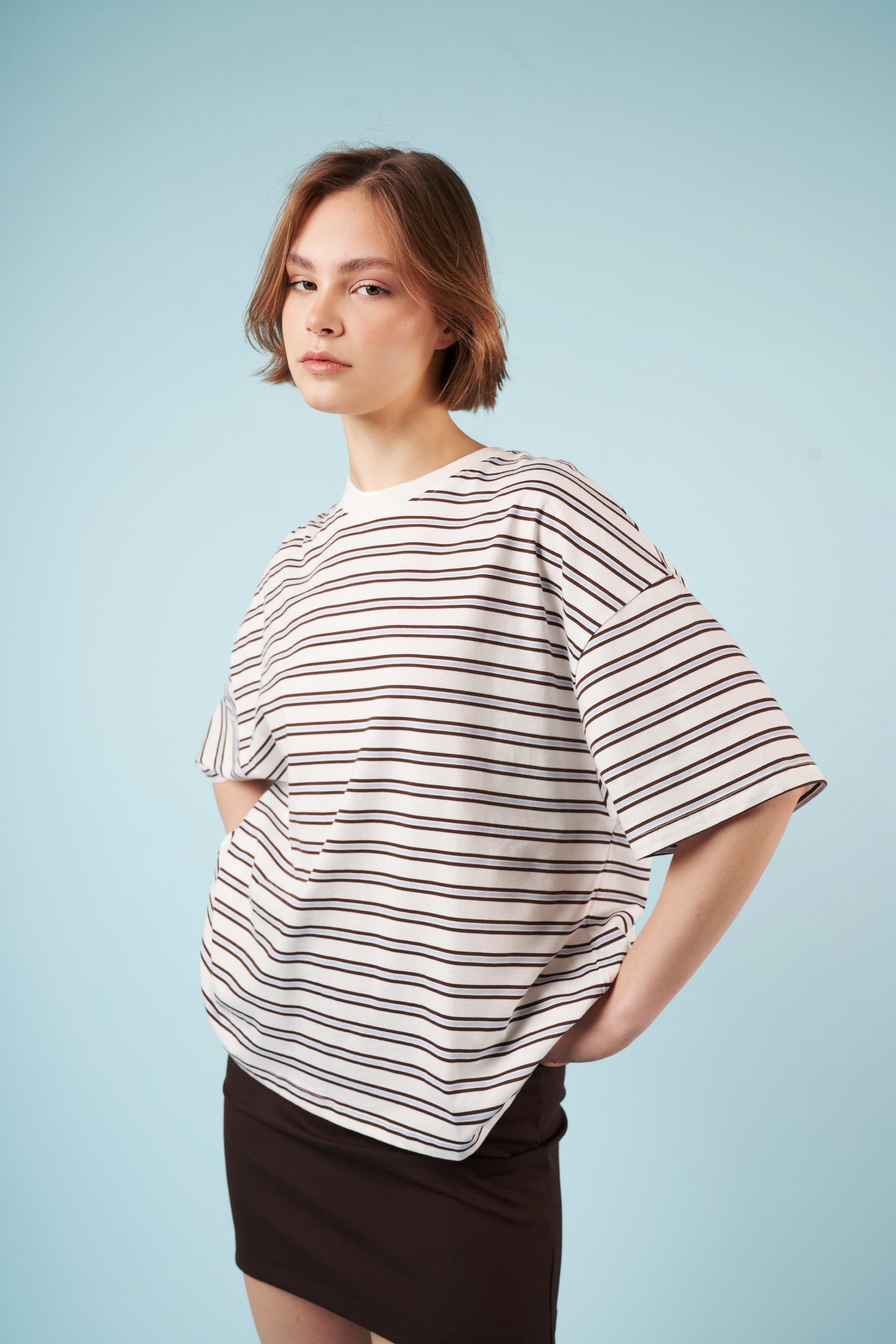 Çizgili Kısa Kol T-shirt Mavi-Ekru