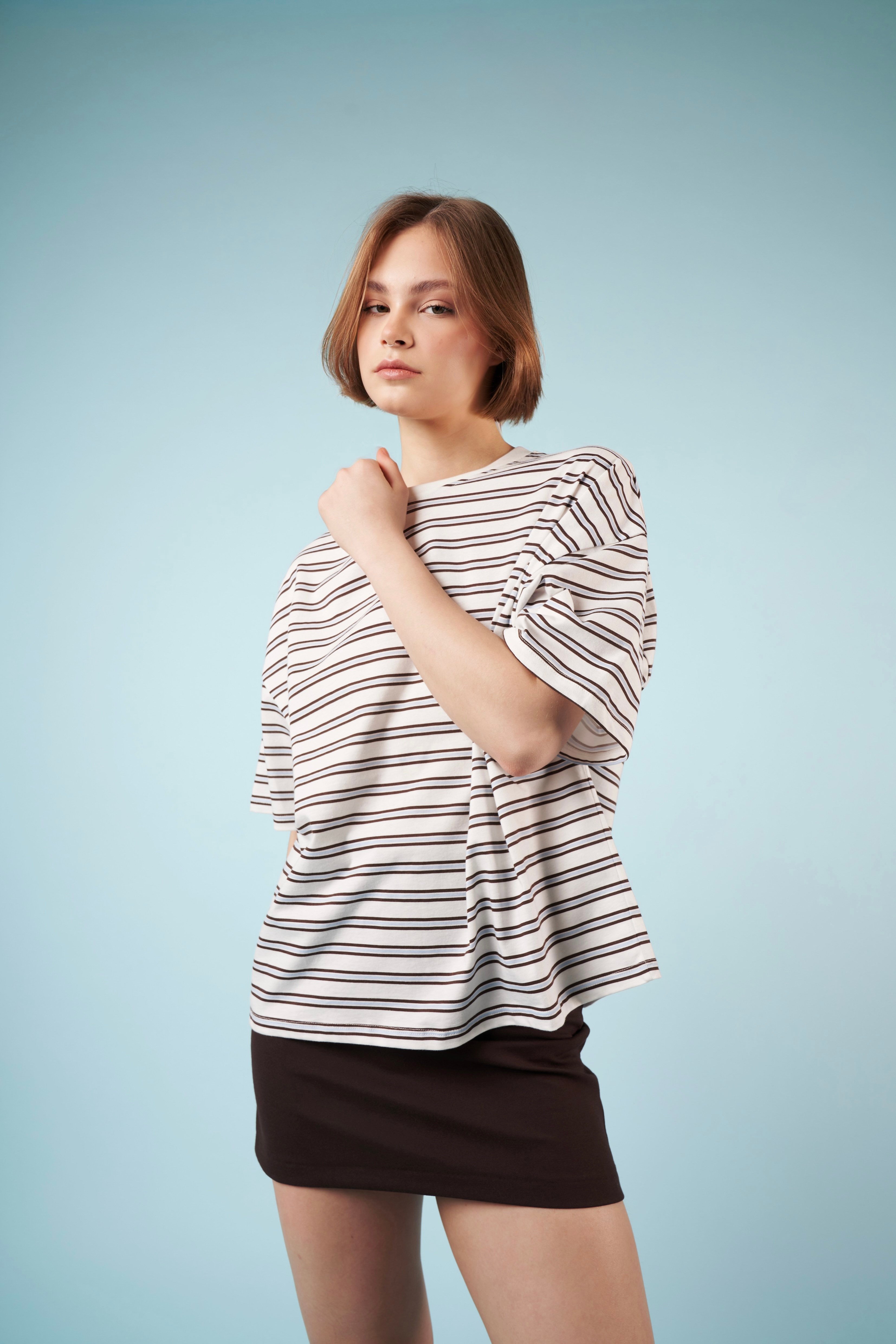 Çizgili Kısa Kol T-shirt Mavi-Ekru
