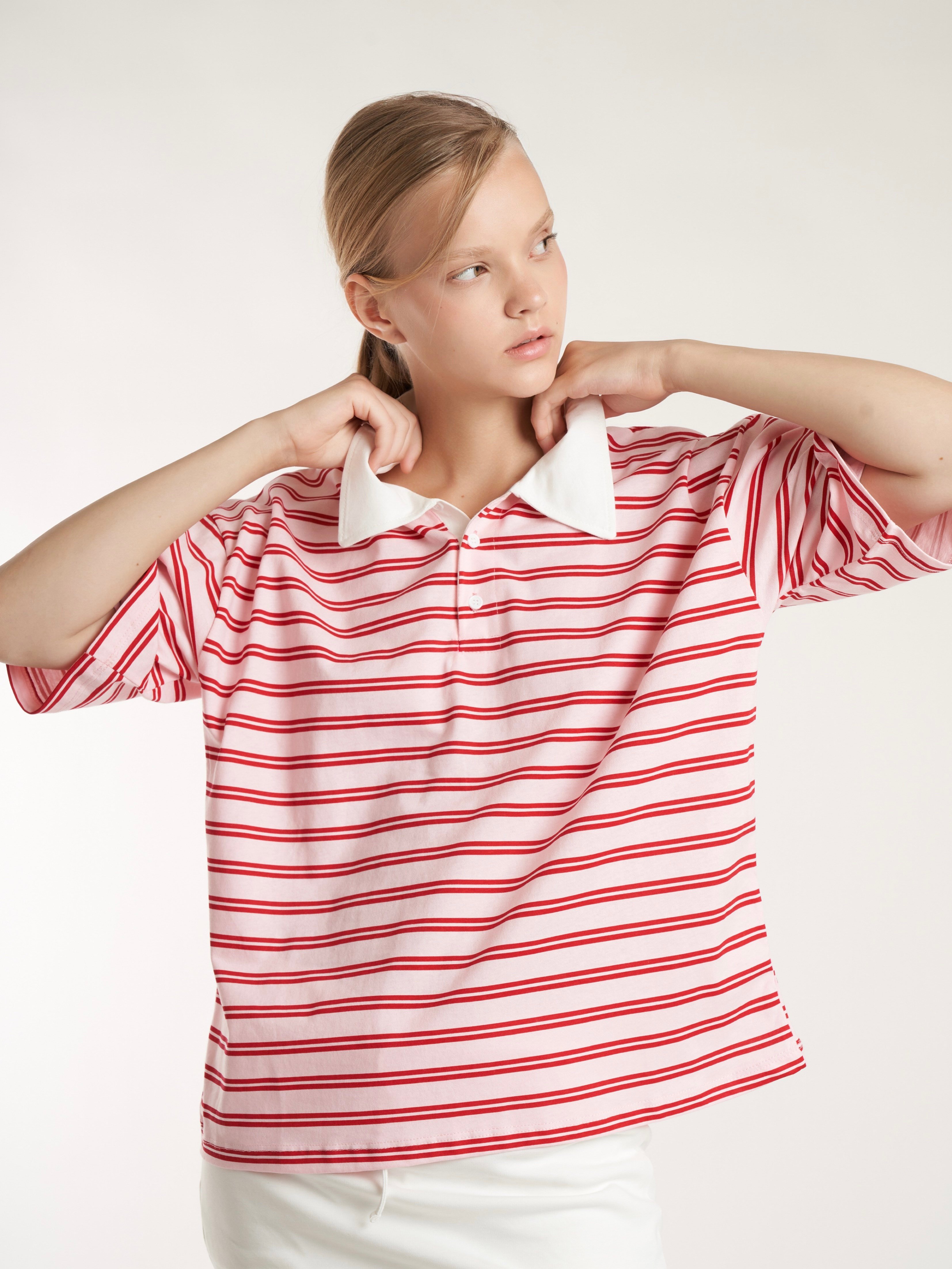 Çizgili Kısa Kol T-shirt Pembe
