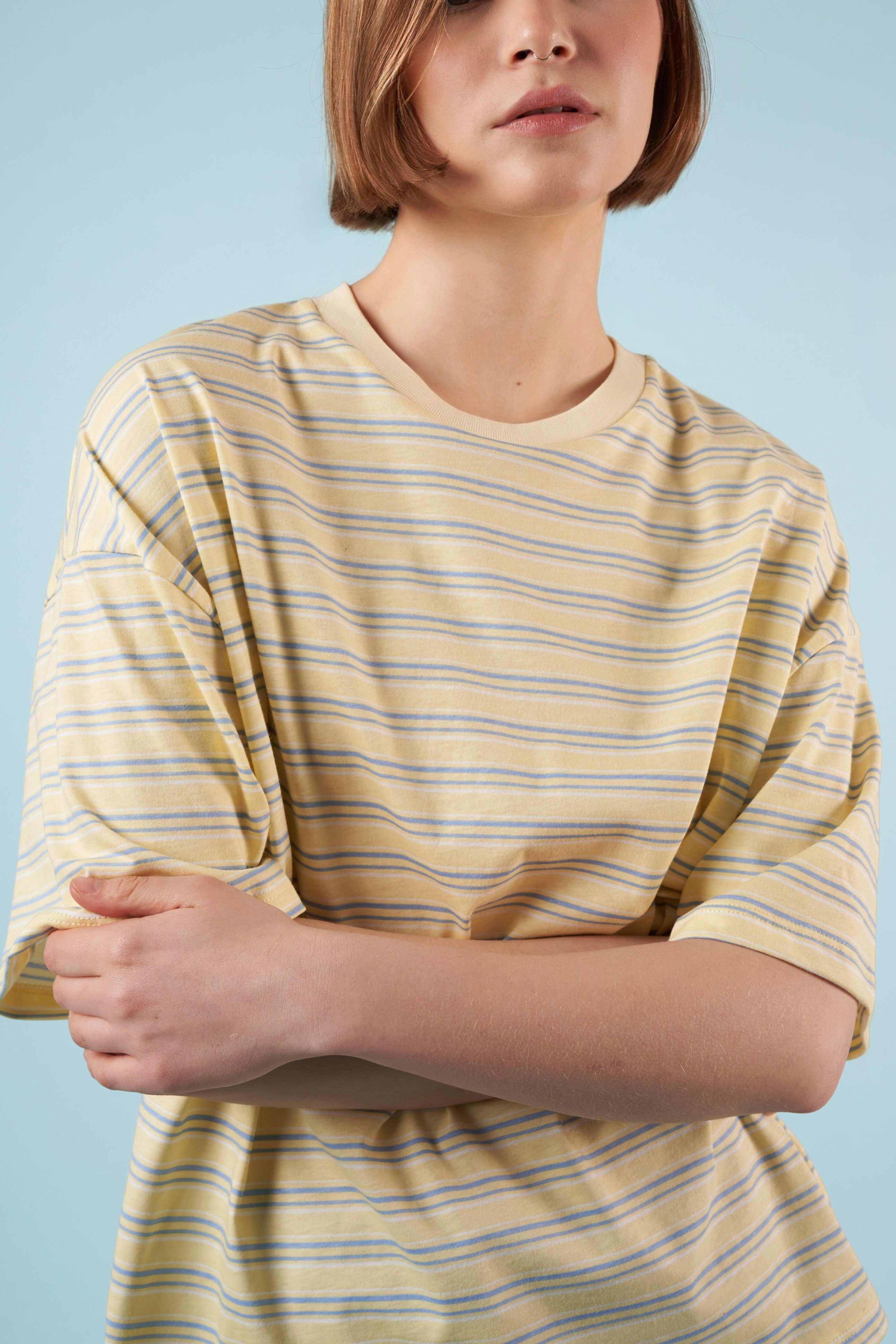 Çizgili Kısa Kol T-shirt Sarı