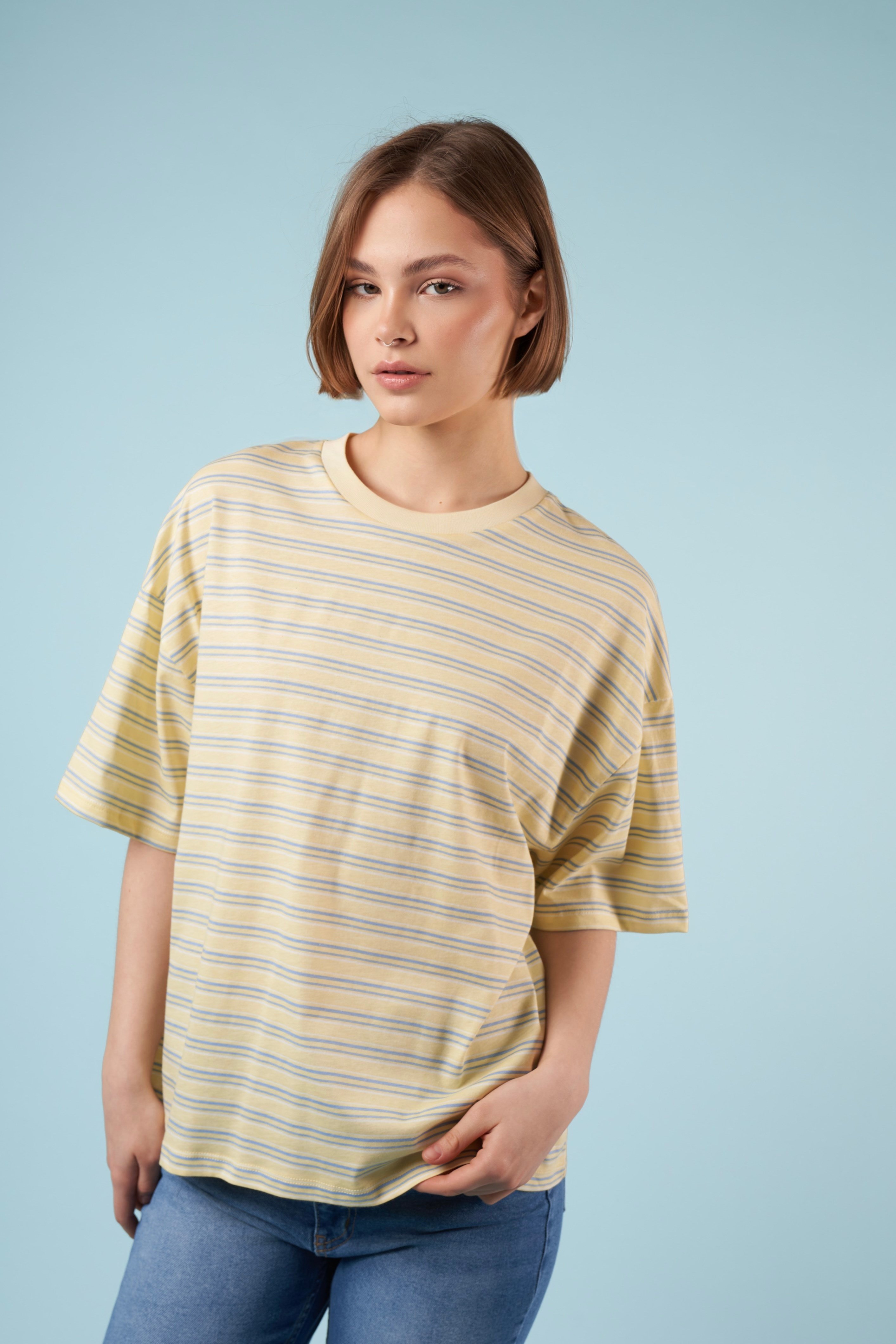 Çizgili Kısa Kol T-shirt Sarı