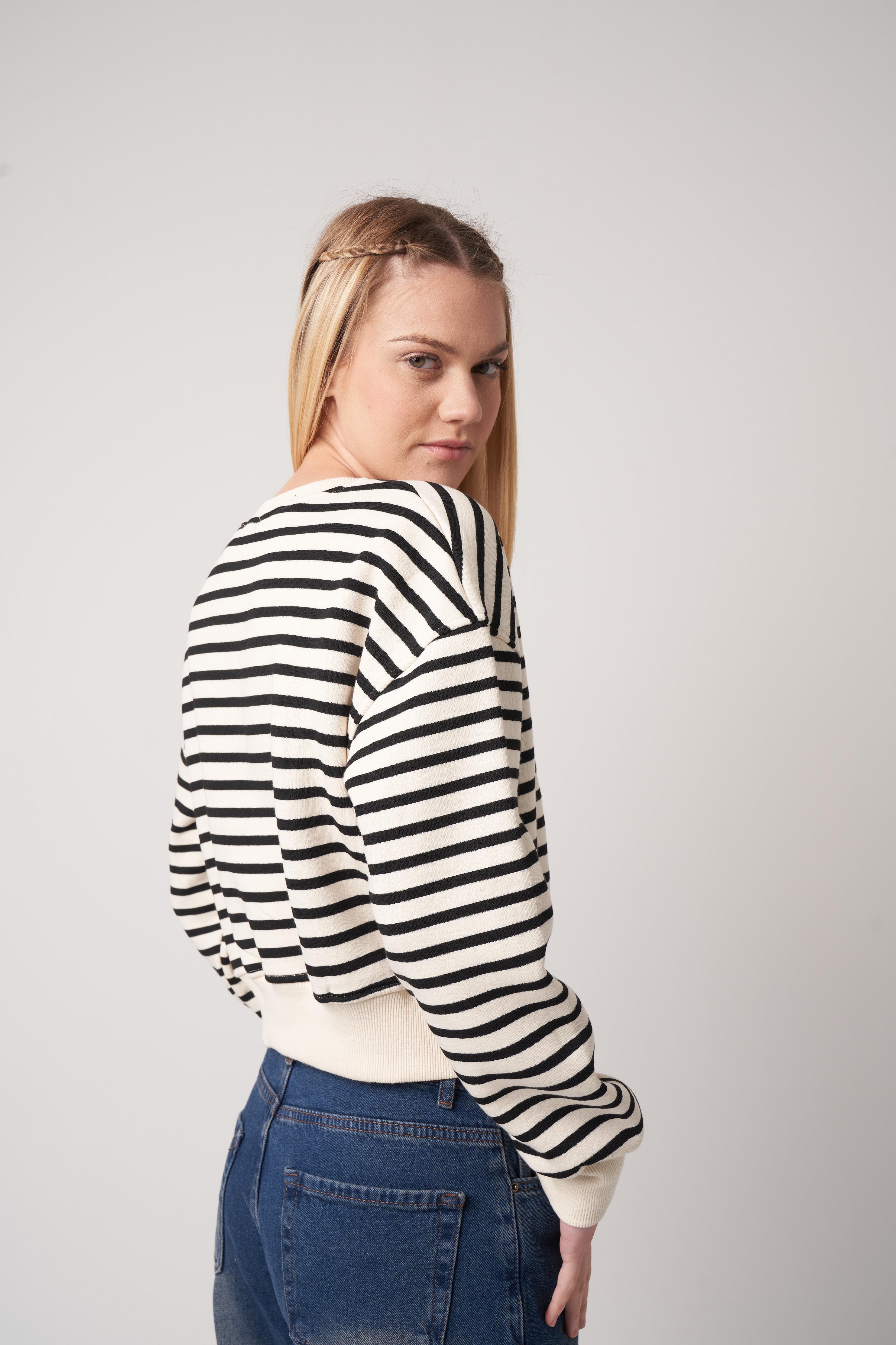 Çizgili Kısa Sweatshirt Ekru-Siyah