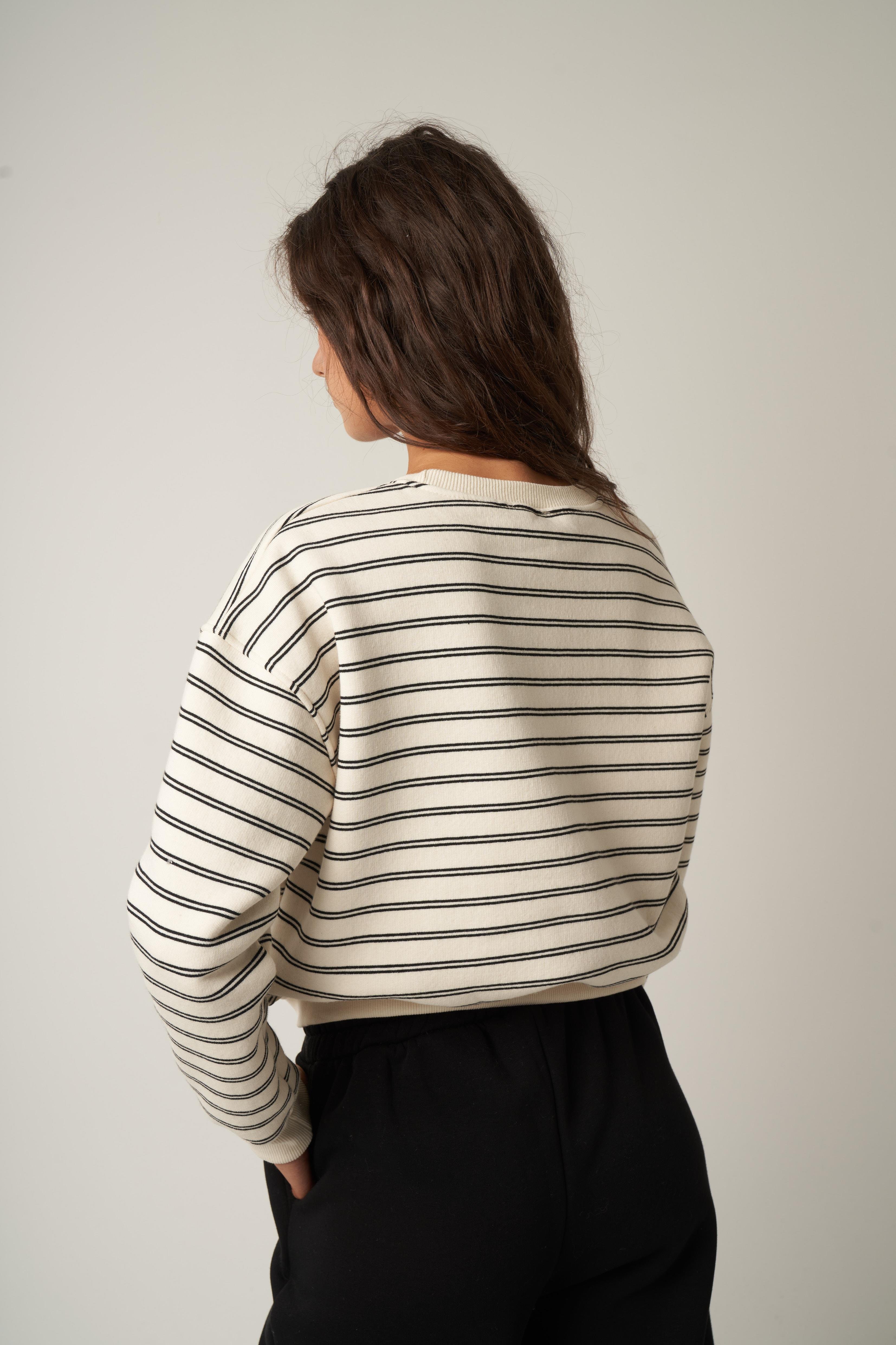 Çizgili Kısa Sweatshirt Ekru-Siyah