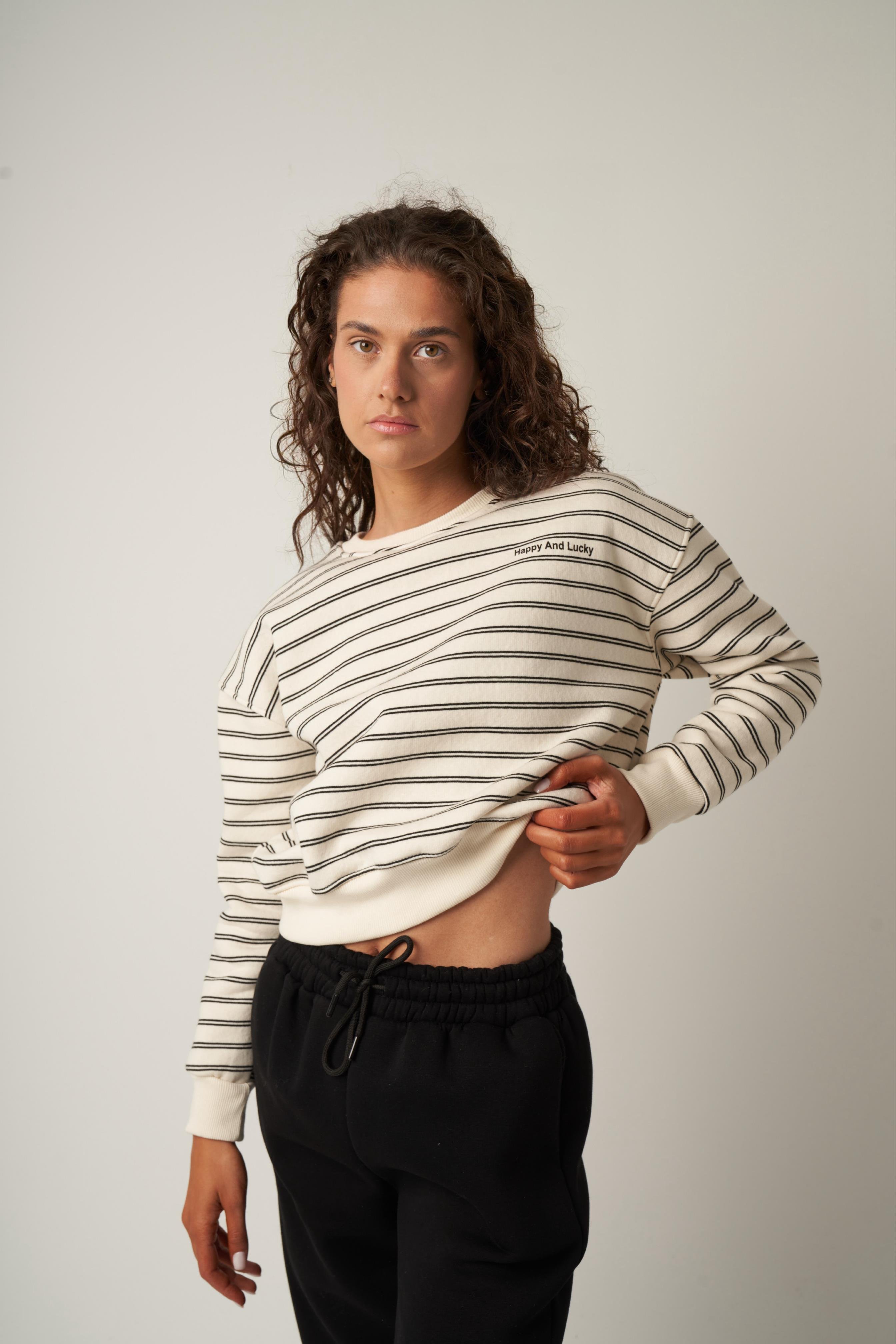 Çizgili Kısa Sweatshirt Ekru-Siyah