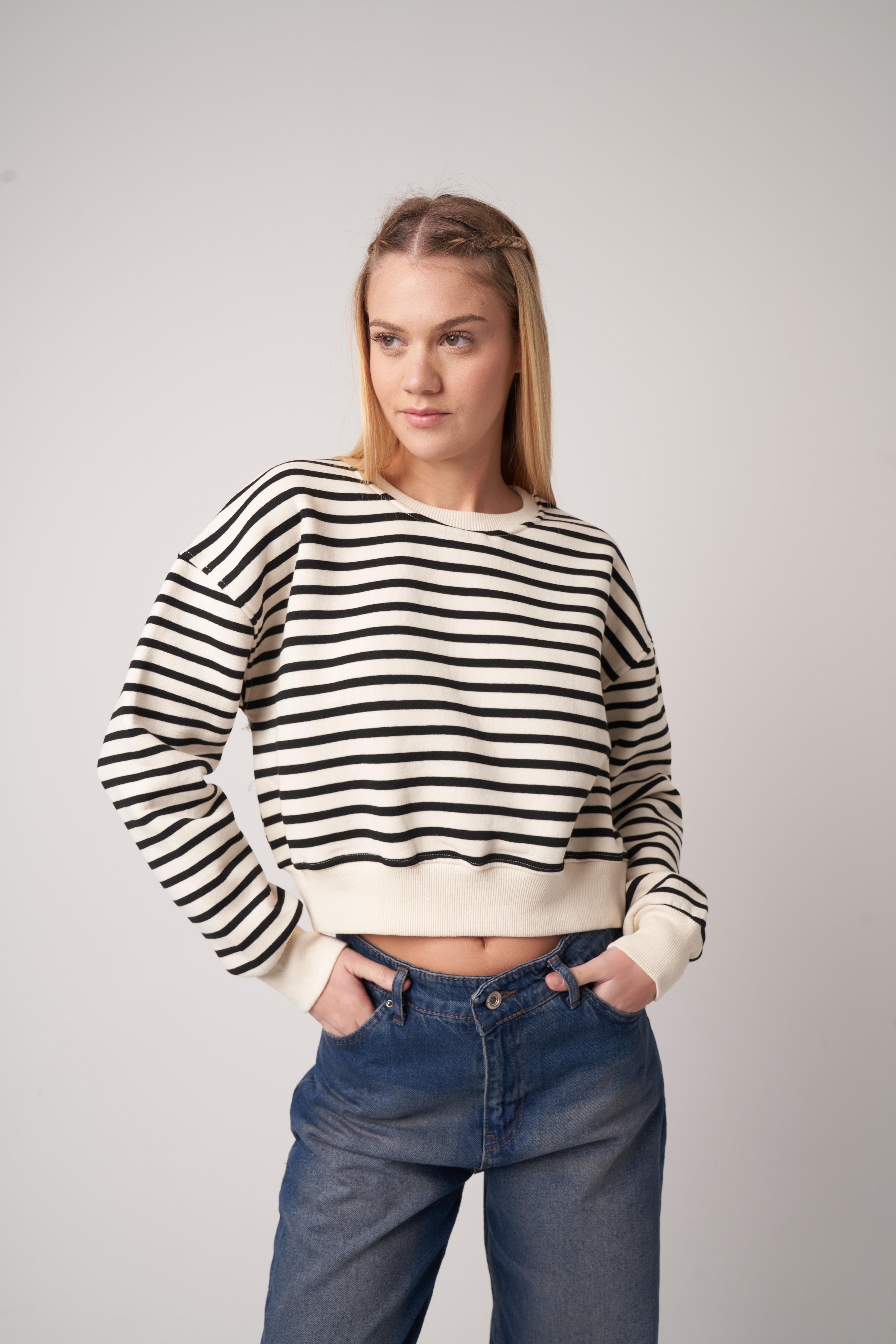 Çizgili Kısa Sweatshirt Ekru-Siyah