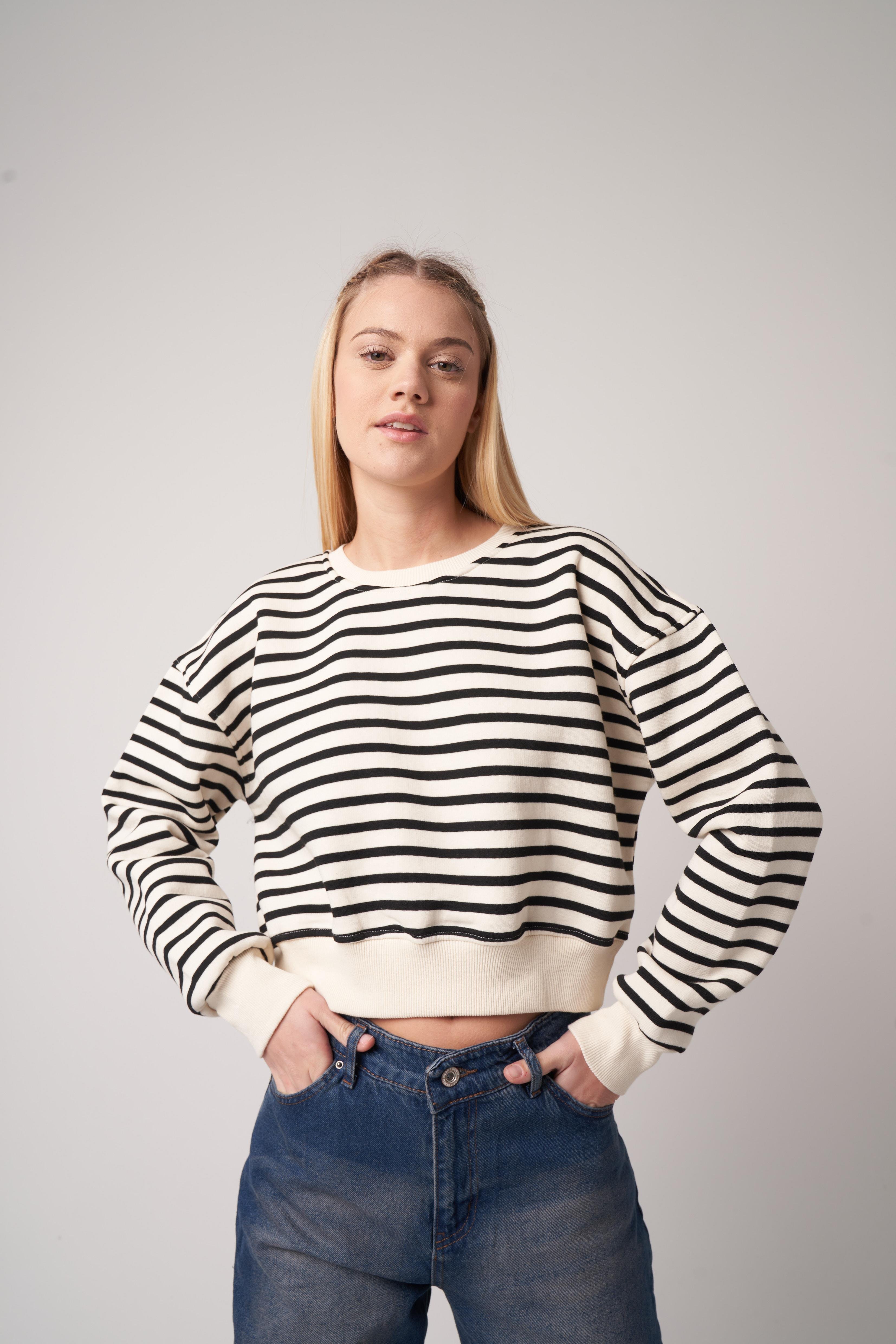 Çizgili Kısa Sweatshirt Ekru-Siyah