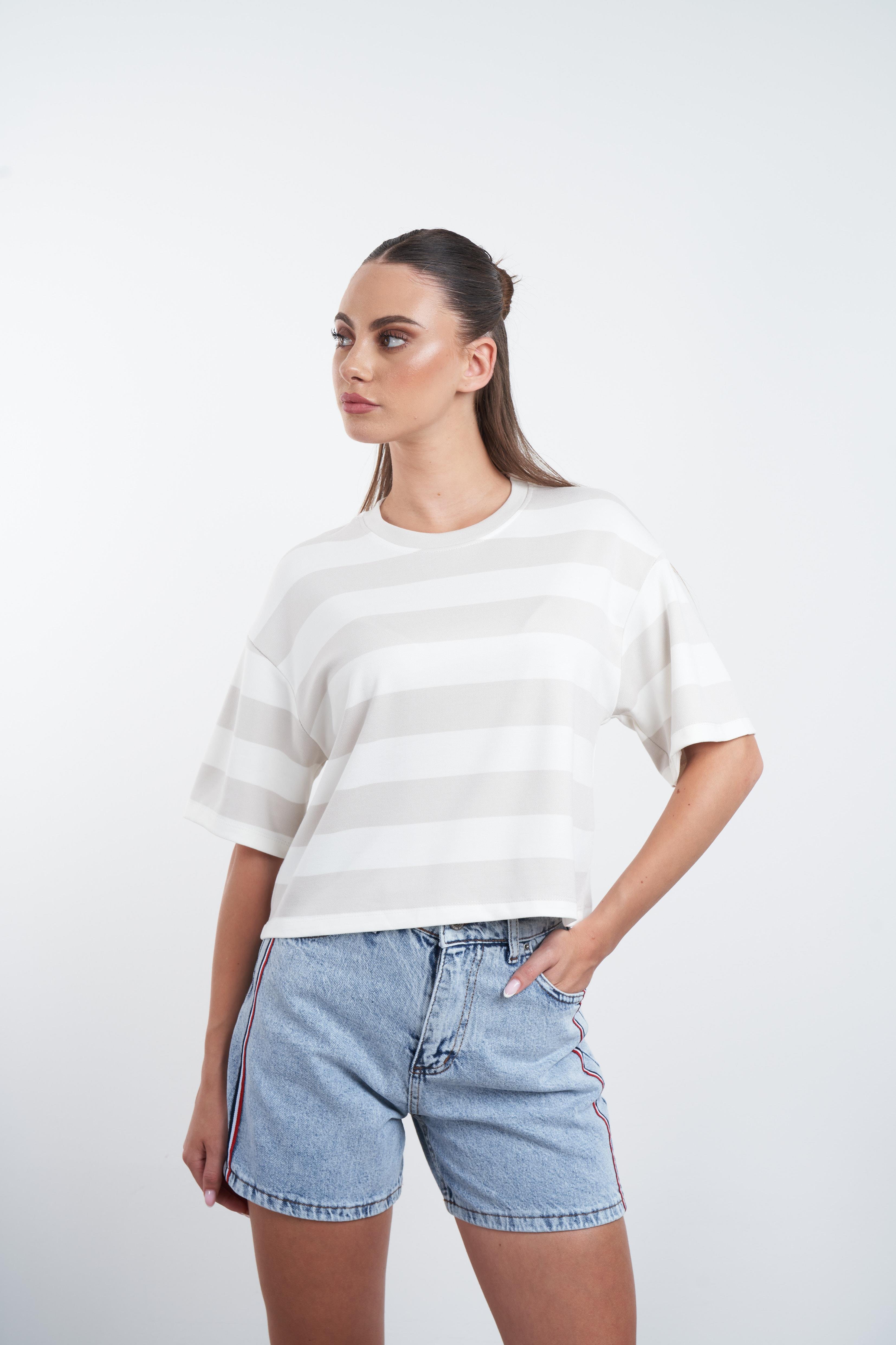 Çizgili Kısa T-shirt Ekru-Vizon