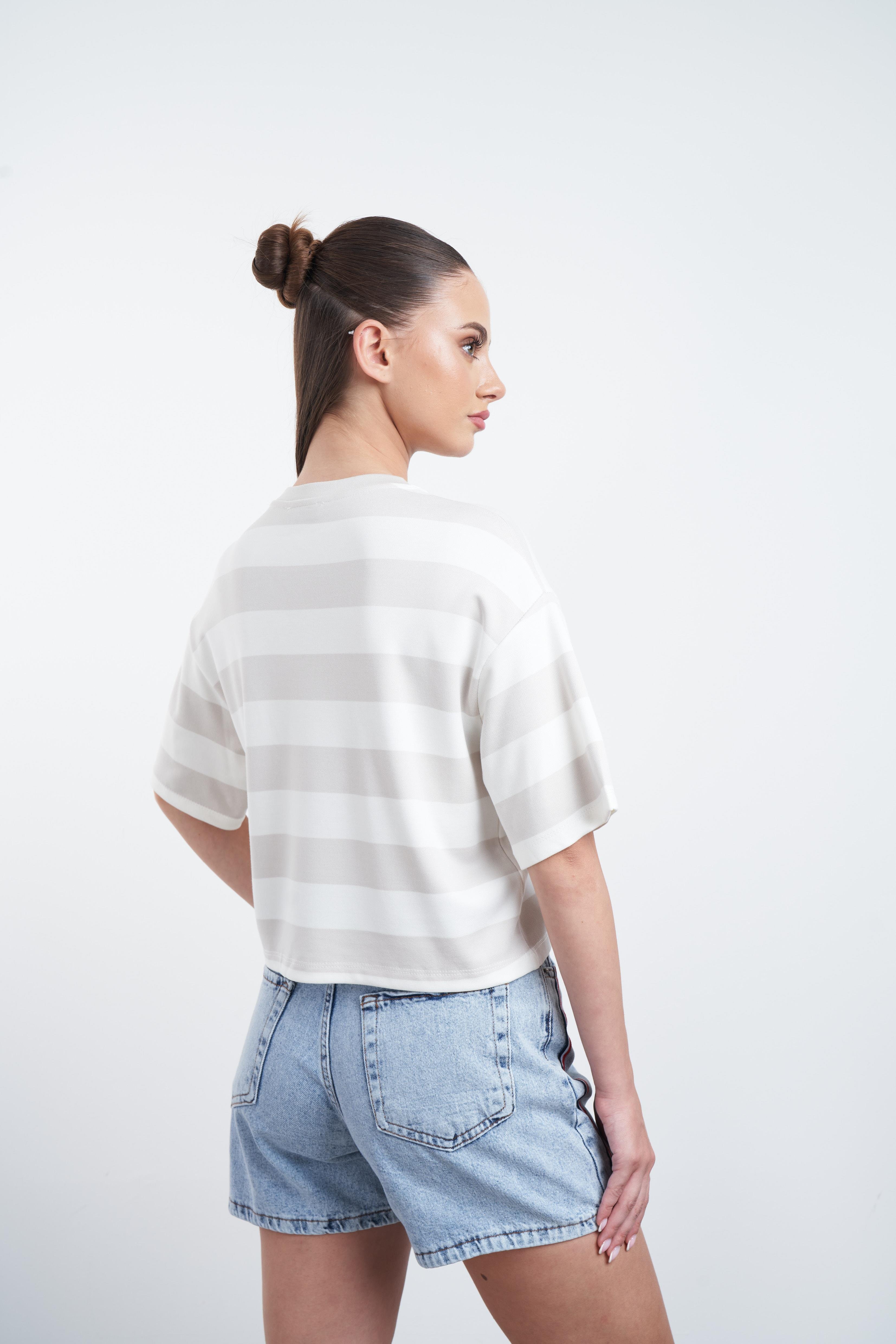 Çizgili Kısa T-shirt Ekru-Vizon