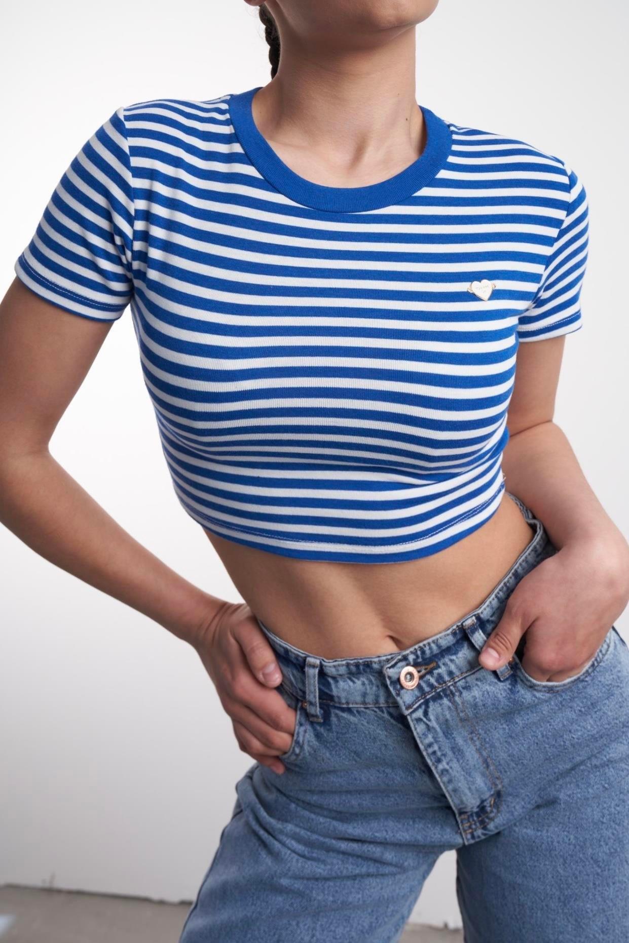 Çizgili Kısa T-shirt Mavi-Beyaz