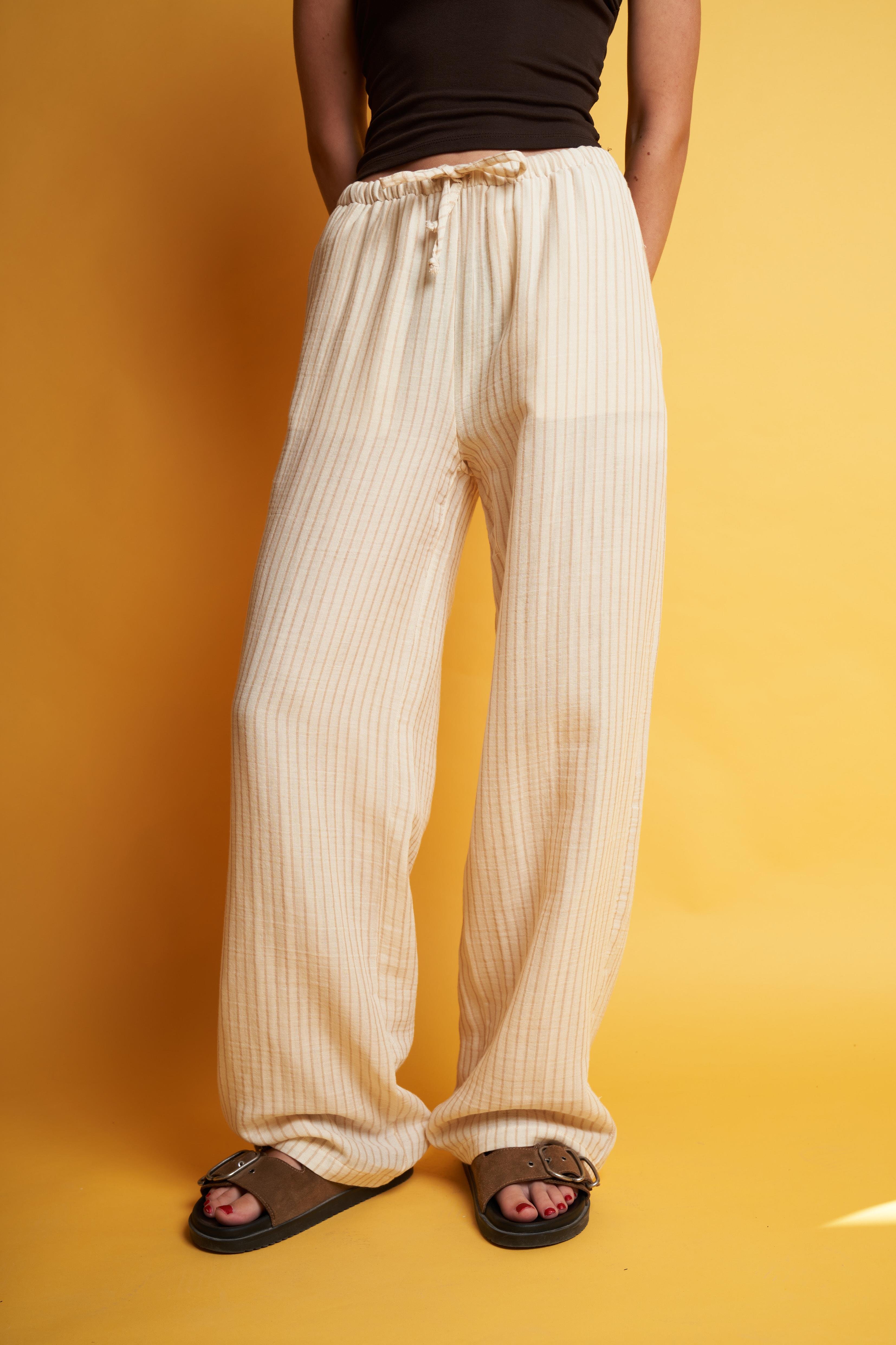 Çizgili Müslin Bol Paça Pantolon Krem