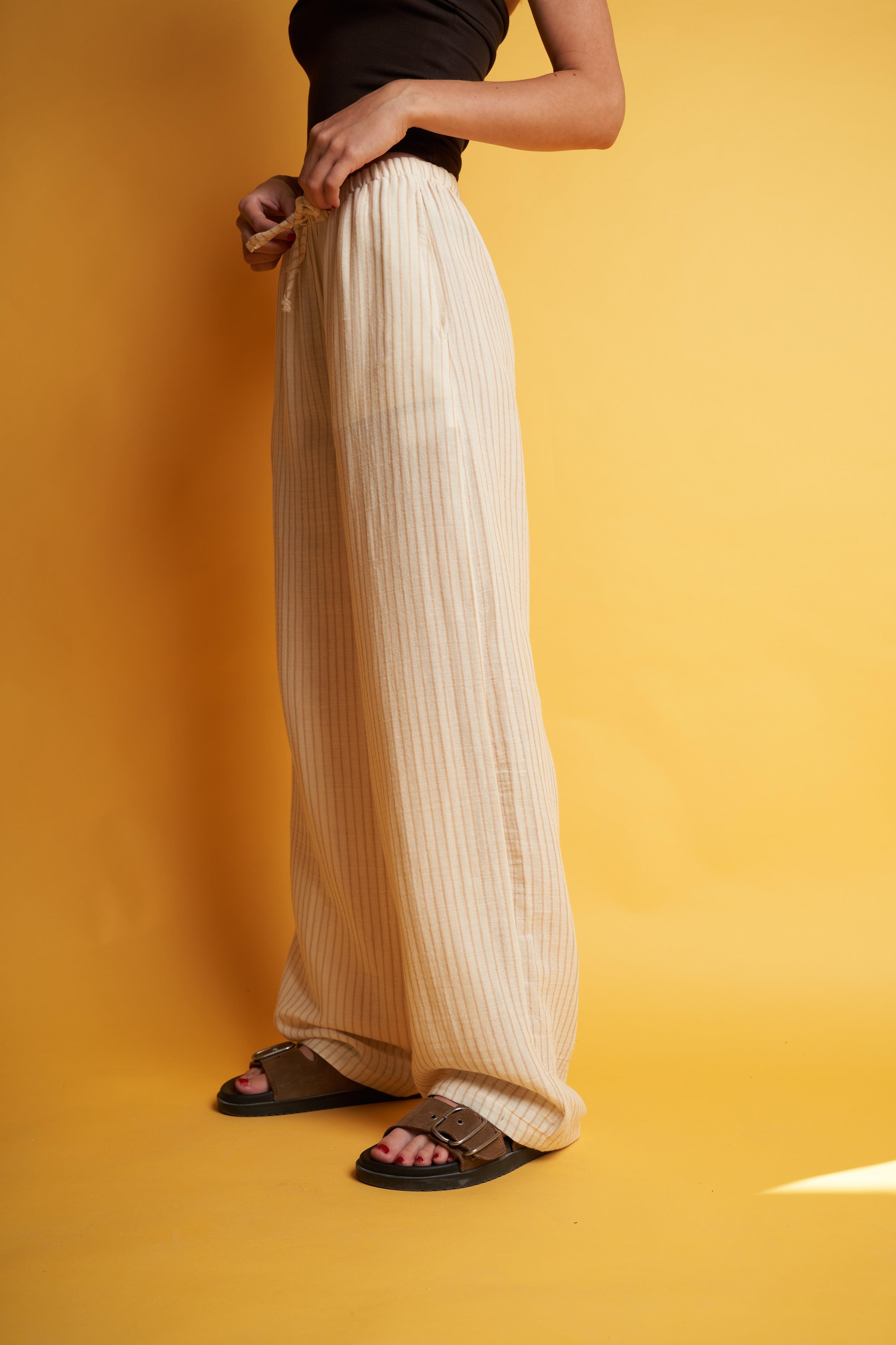 Çizgili Müslin Bol Paça Pantolon Krem