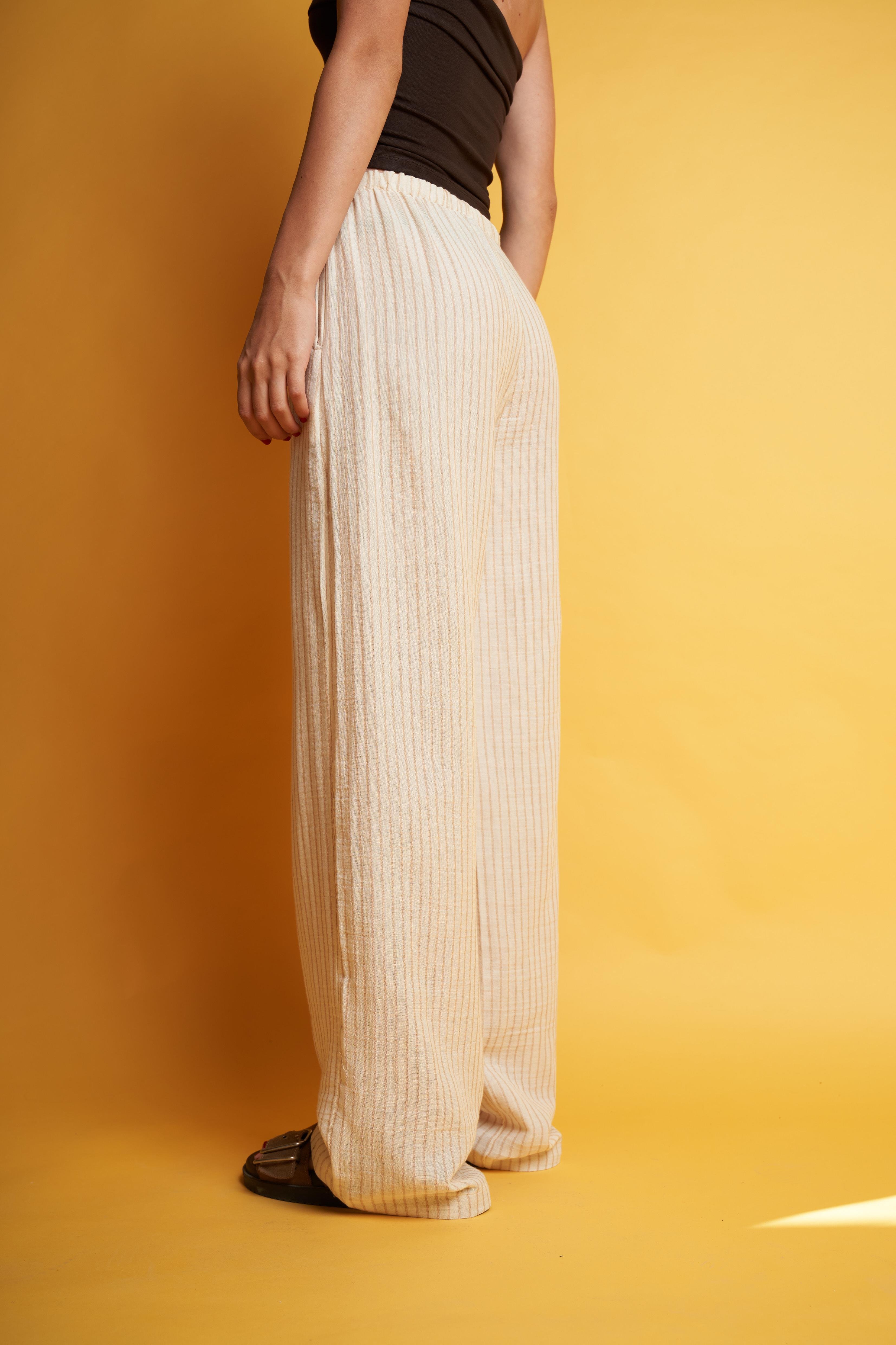 Çizgili Müslin Bol Paça Pantolon Krem