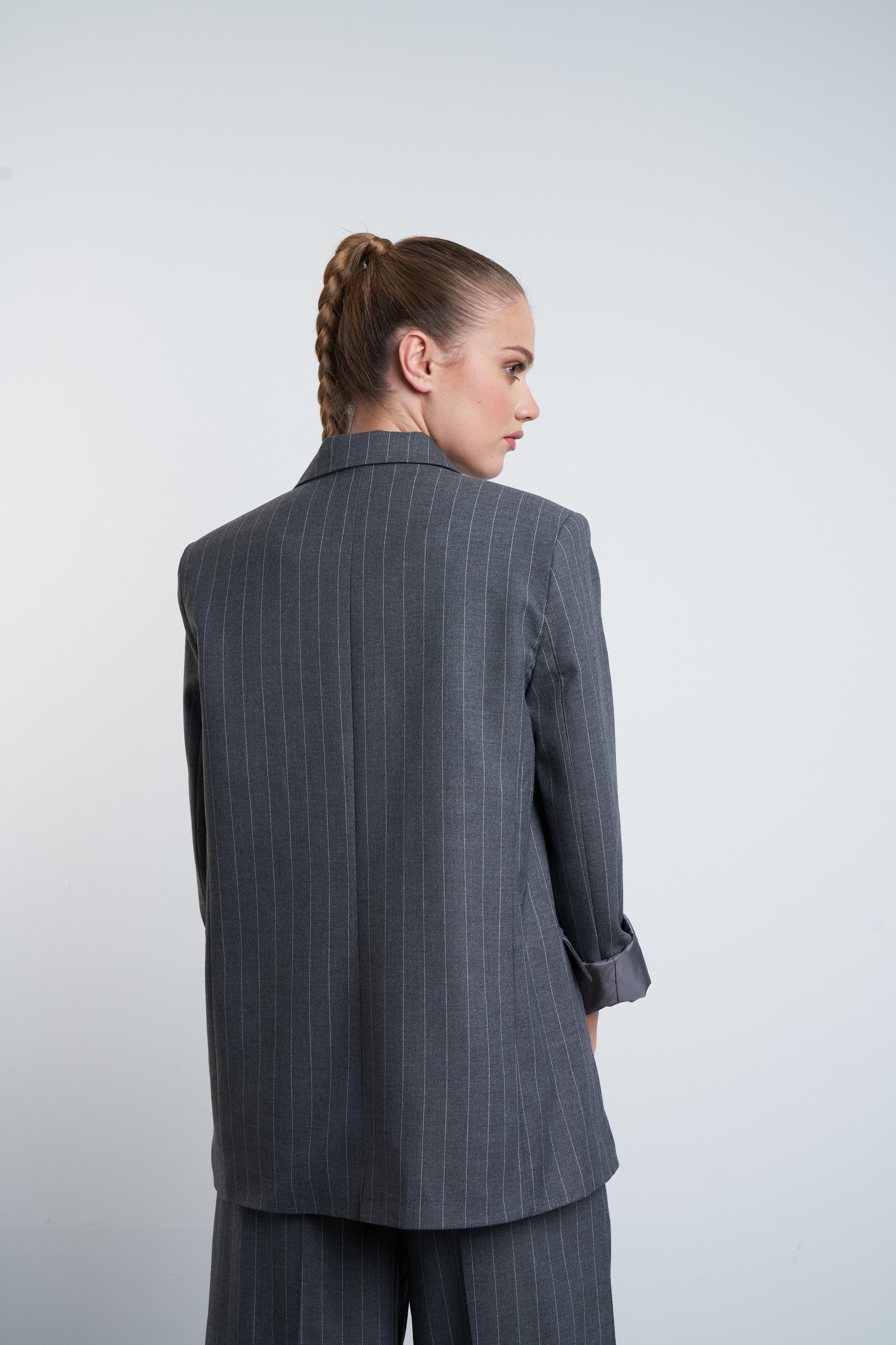 Çizgili Oversize Blazer Ceket Antrasit