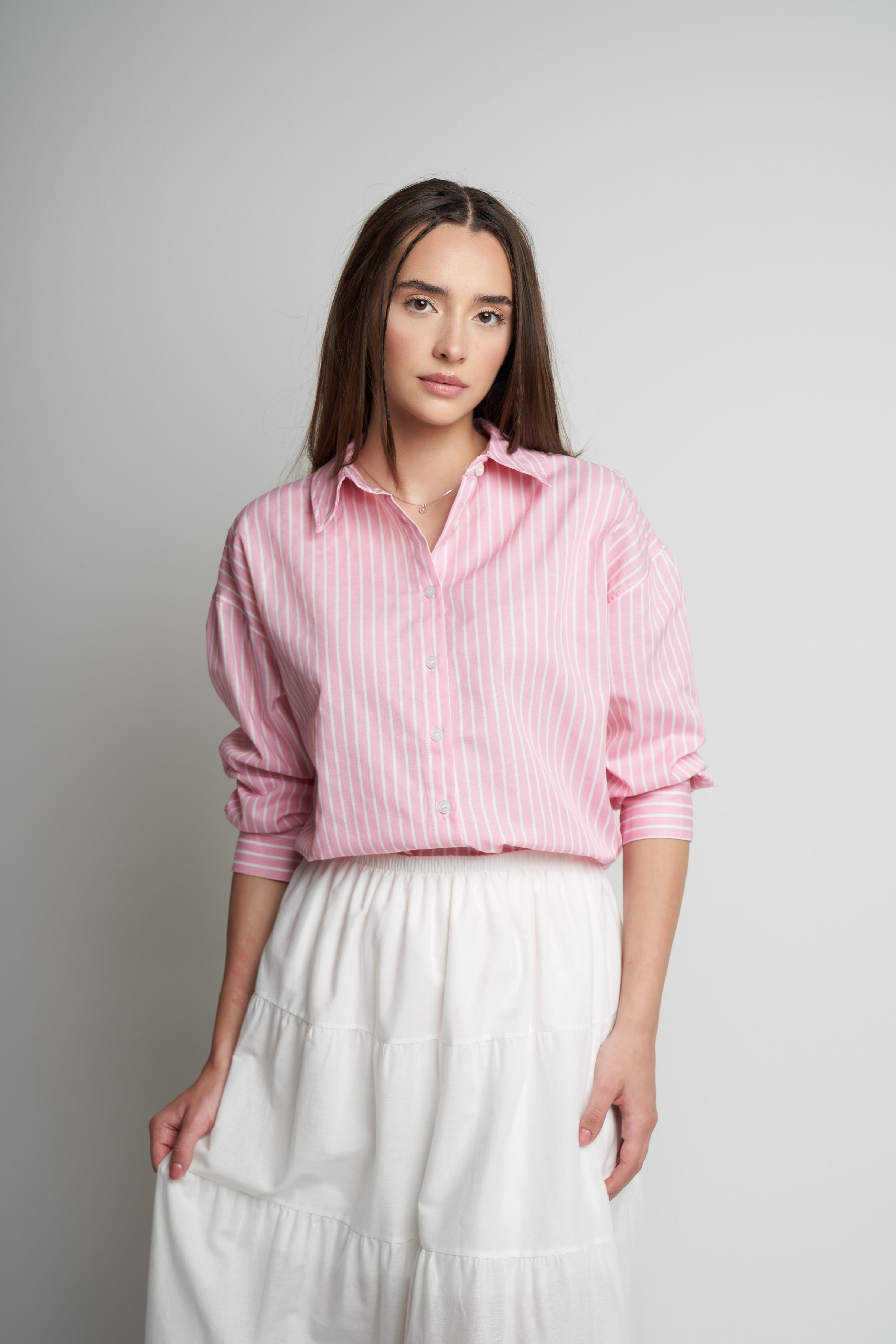 Çizgili Poplin Uzun Kol Gömlek T.Pembe-Beyaz