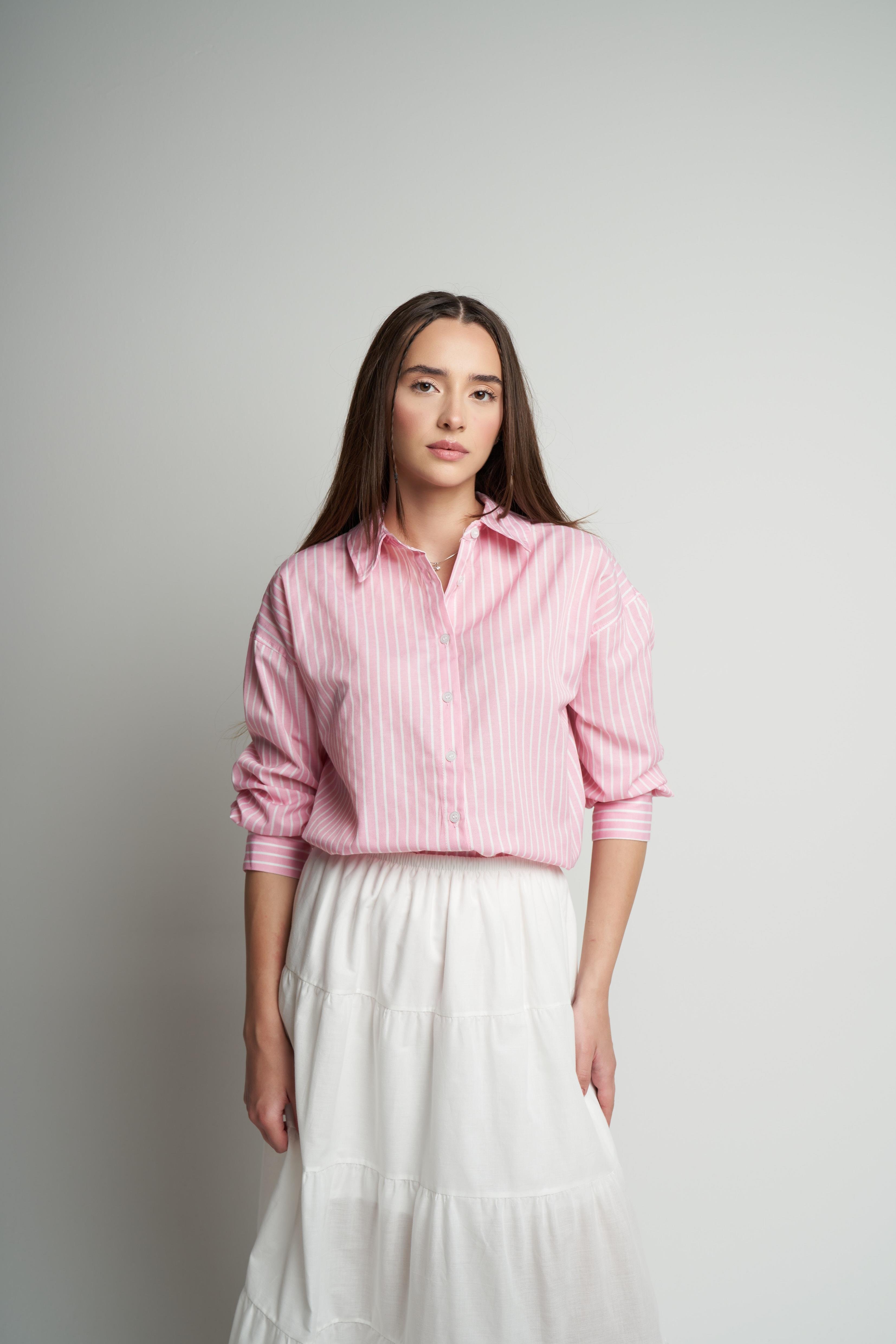 Çizgili Poplin Uzun Kol Gömlek T.Pembe-Beyaz