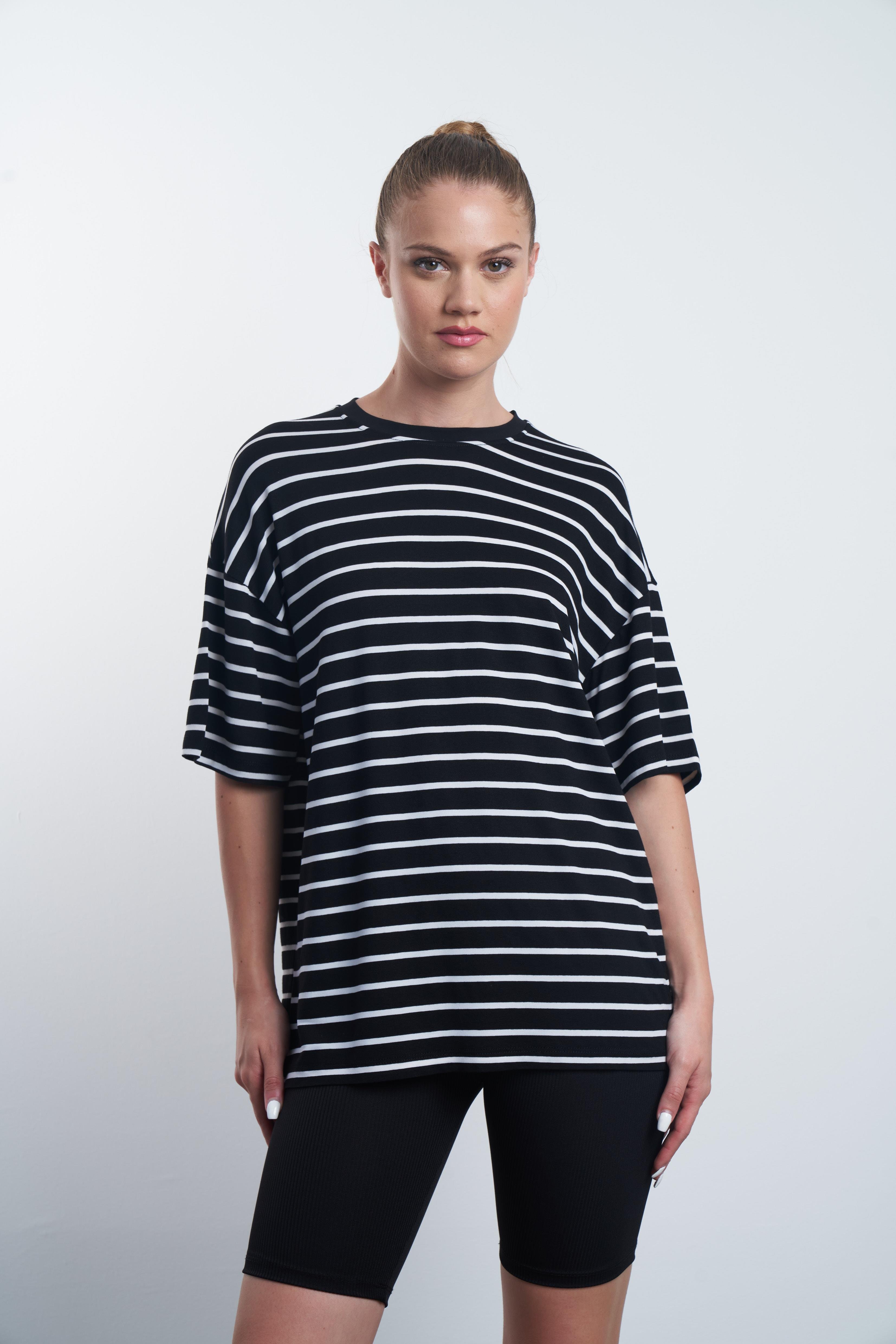 Çizgili Salaş T-shirt Siyah-Ekru