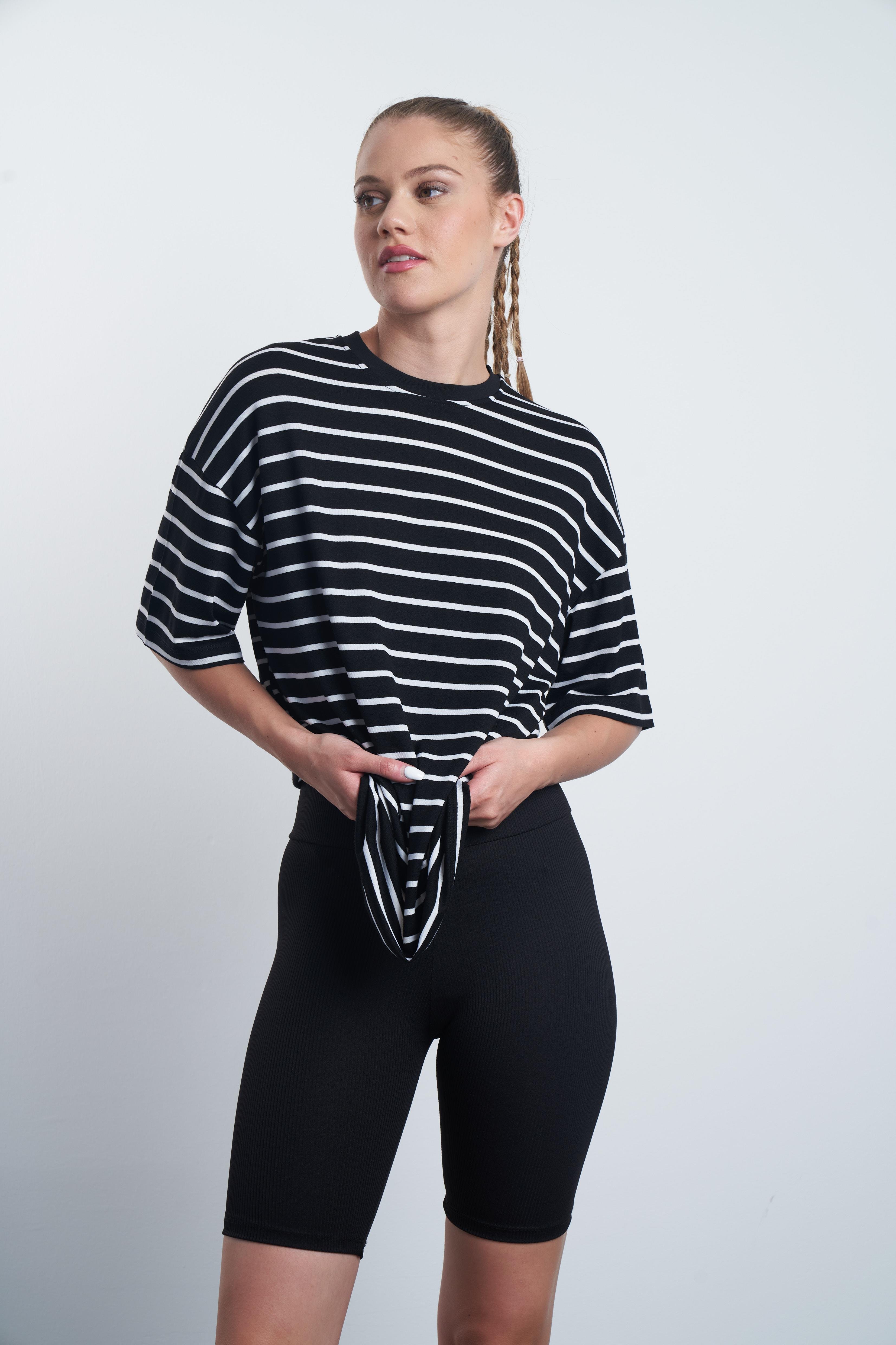 Çizgili Salaş T-shirt Siyah-Ekru