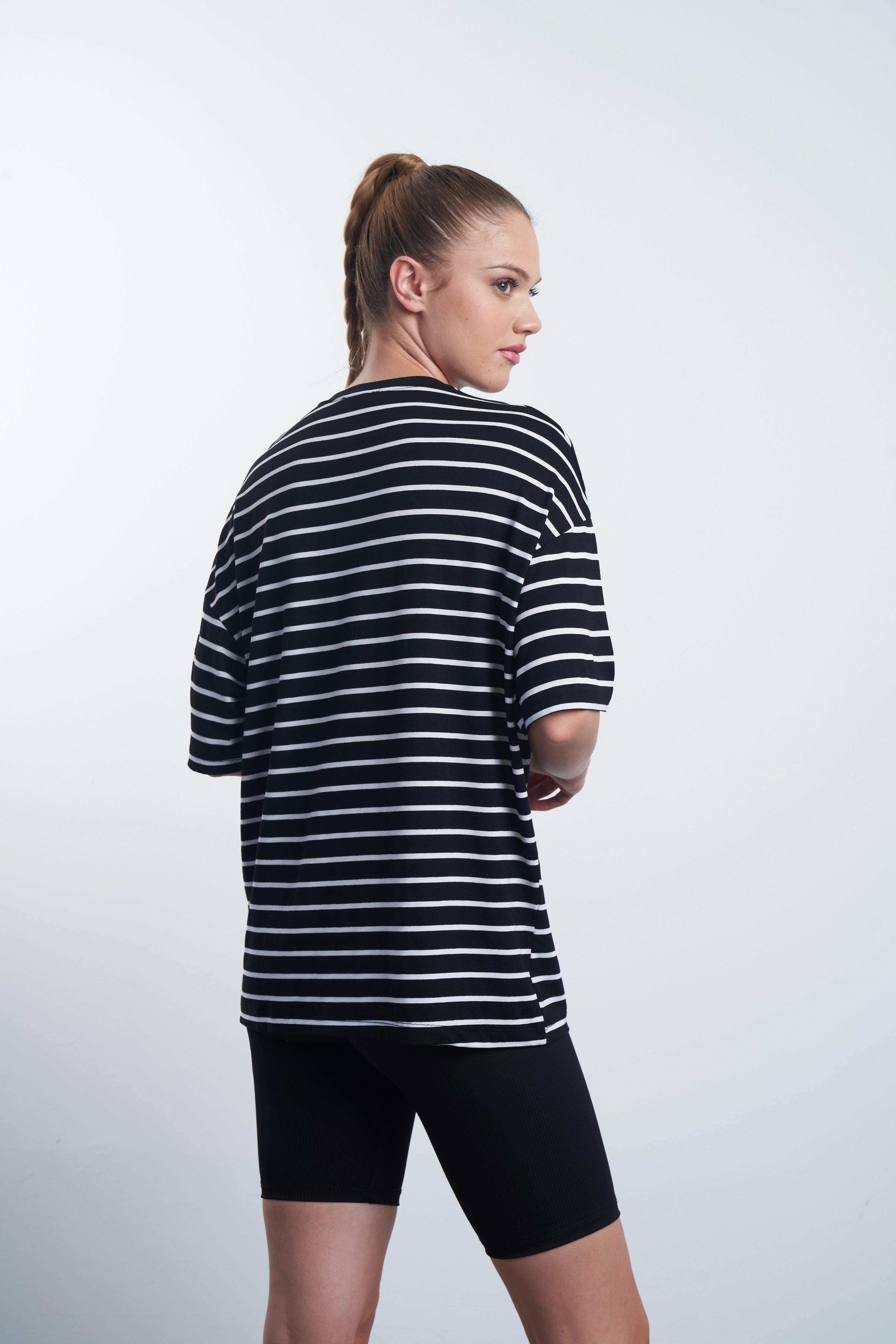 Çizgili Salaş T-shirt Siyah-Ekru