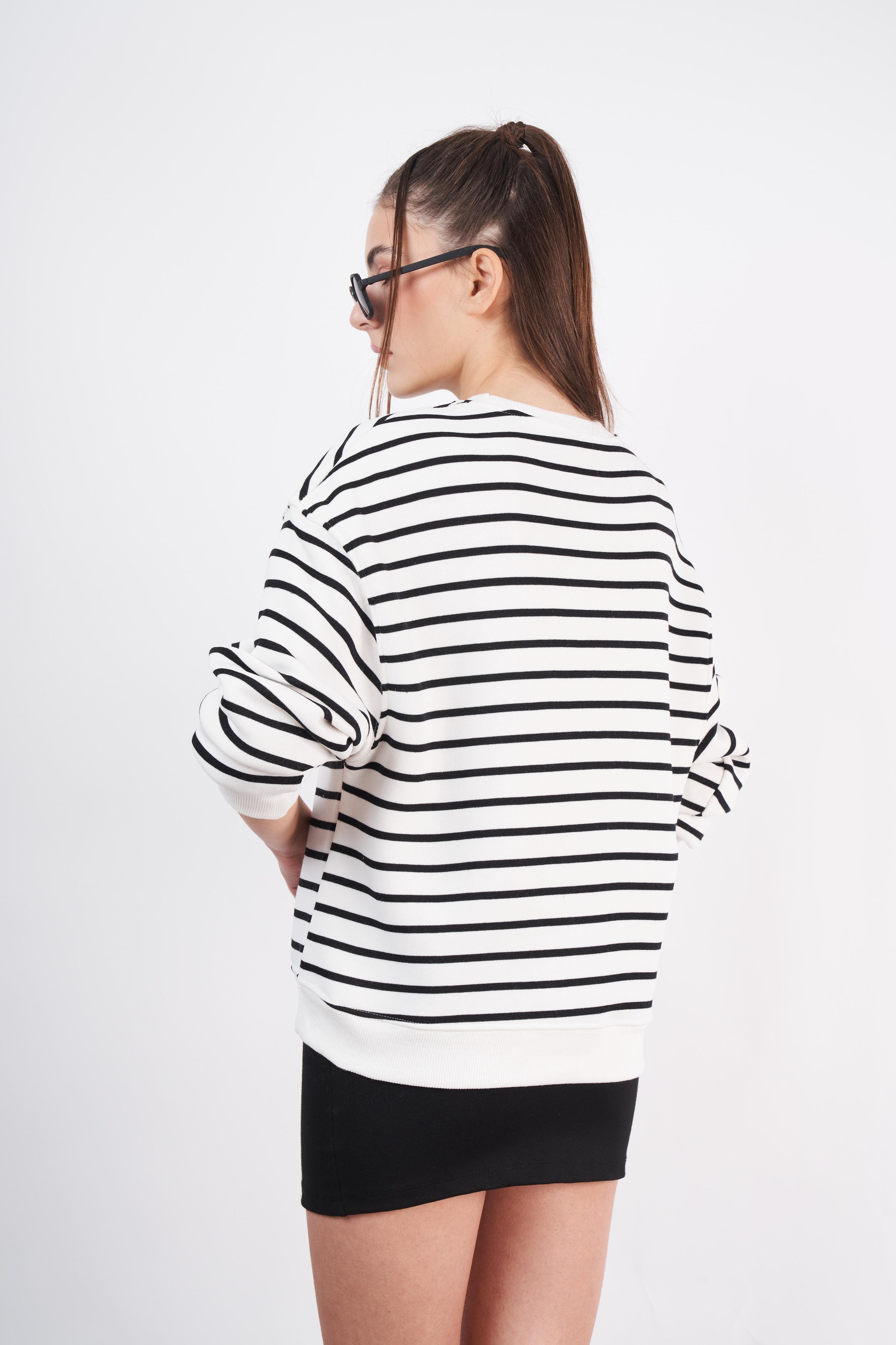 Çizgili Uzun Sweatshirt Ekru-Siyah
