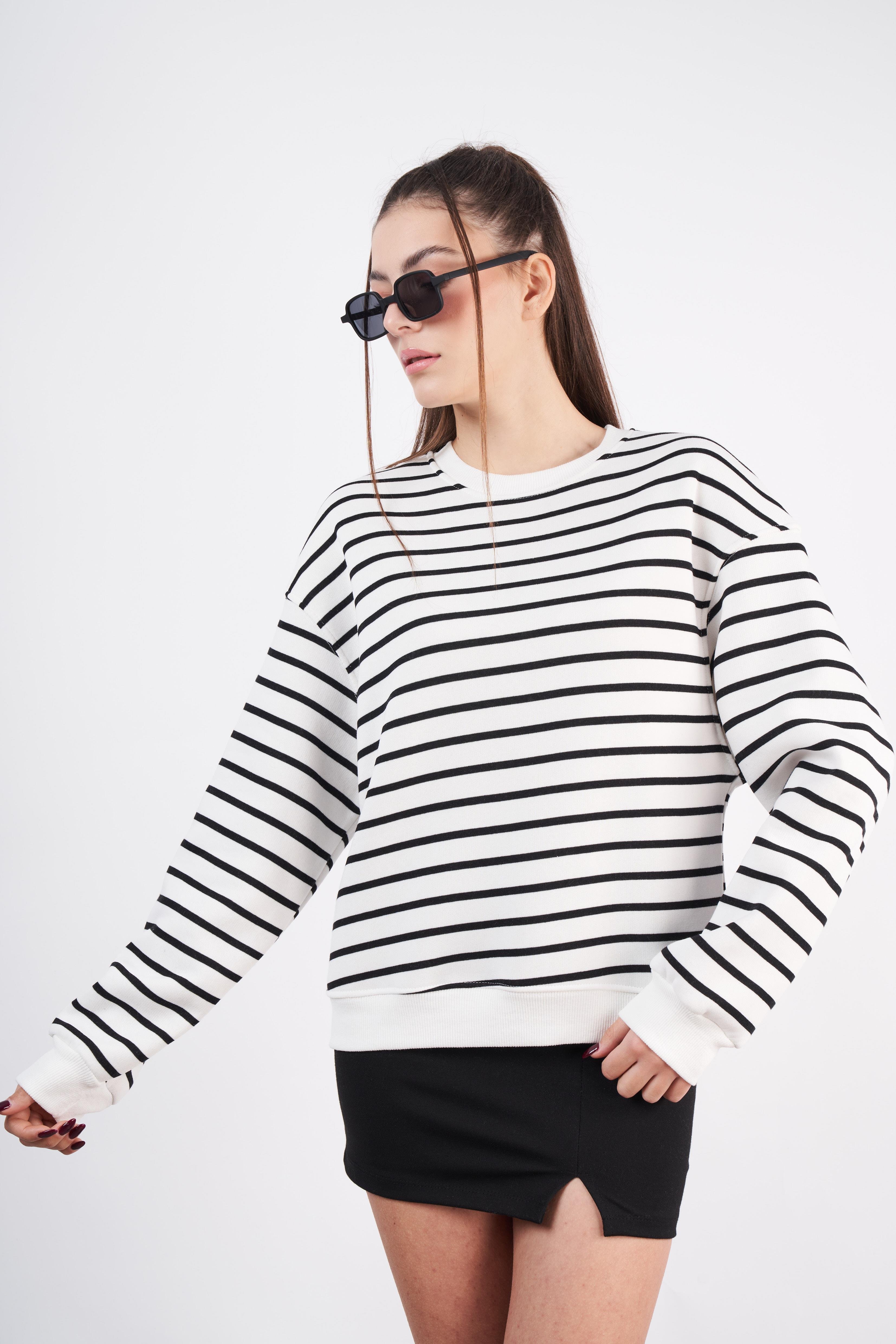 Çizgili Uzun Sweatshirt Ekru-Siyah