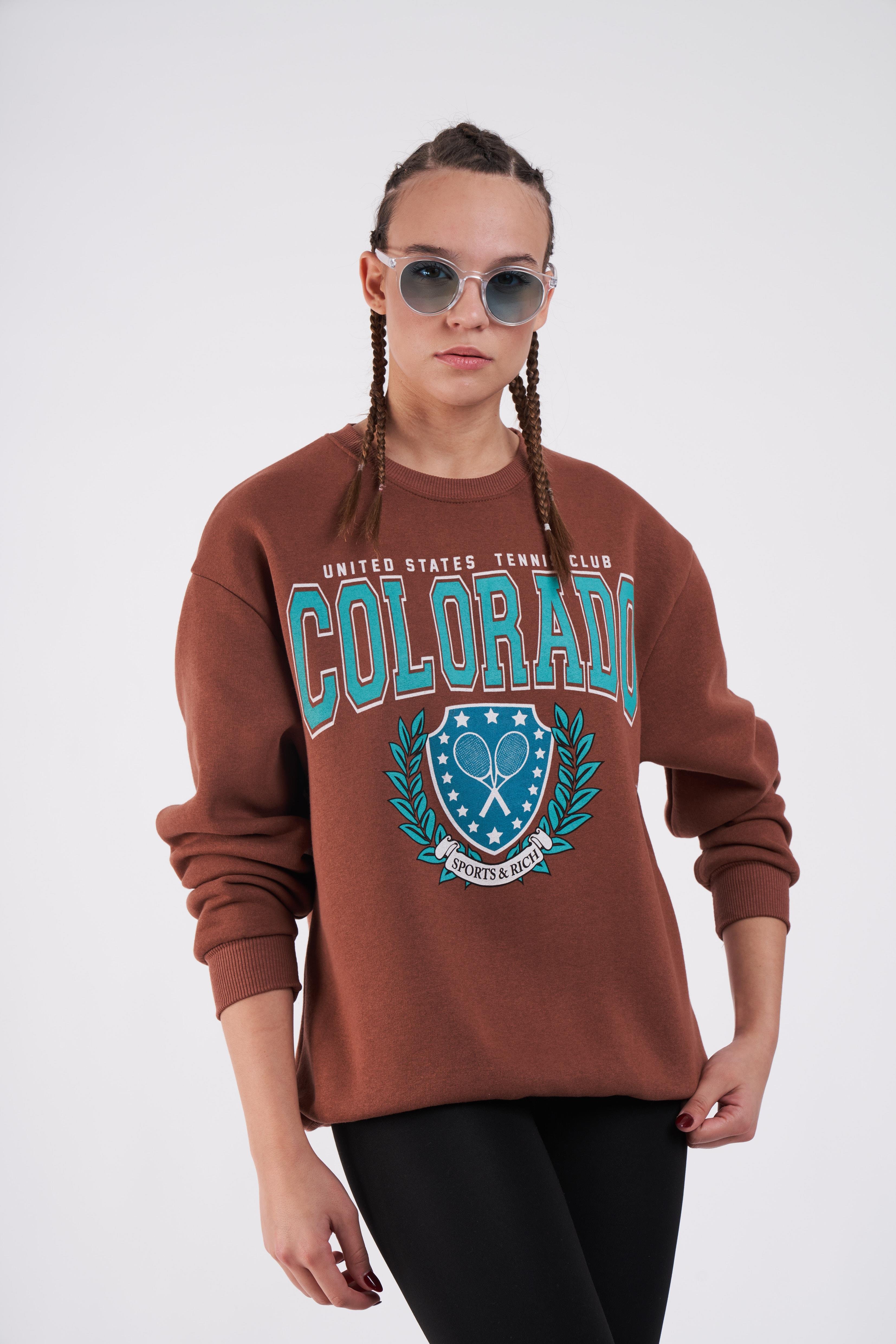 Colorado Baskılı Oversize Sweatshirt Kahve