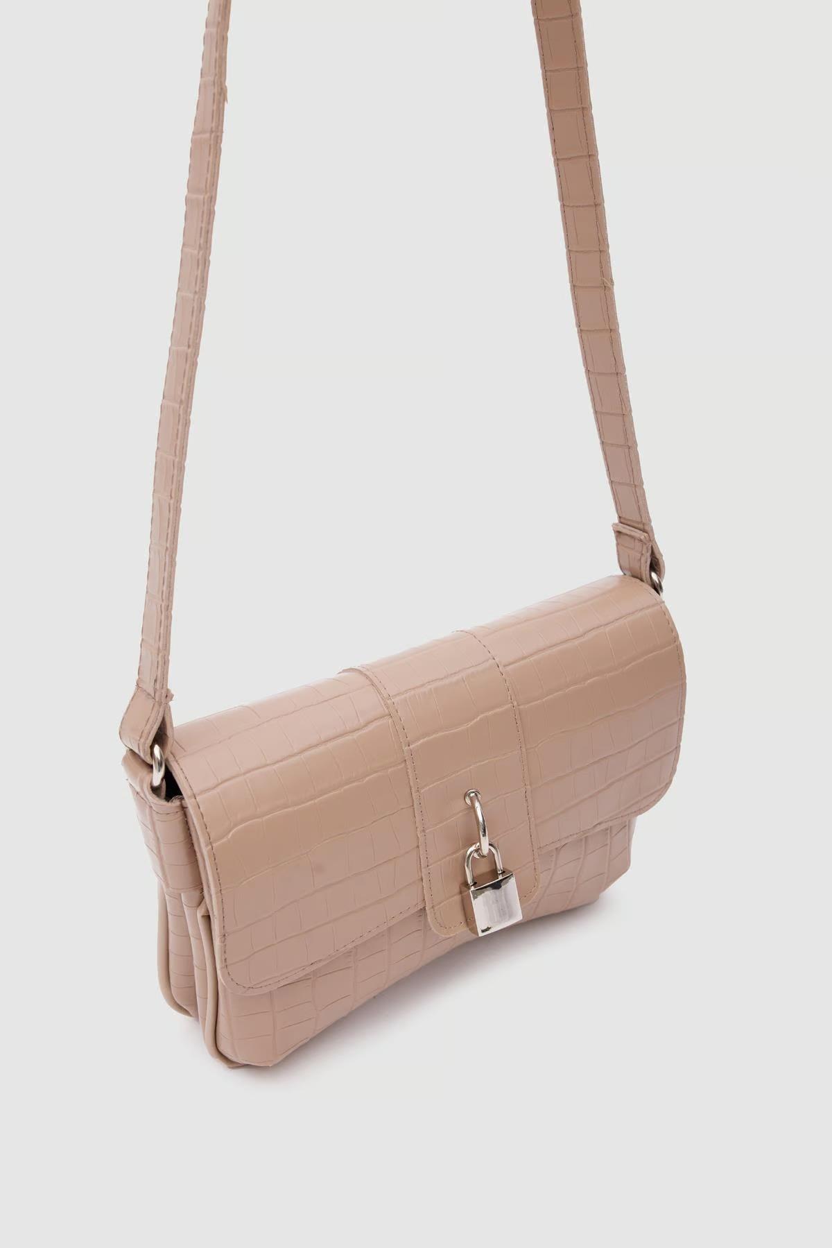 Croco Kilit Detaylı Çapraz Çanta Vizon