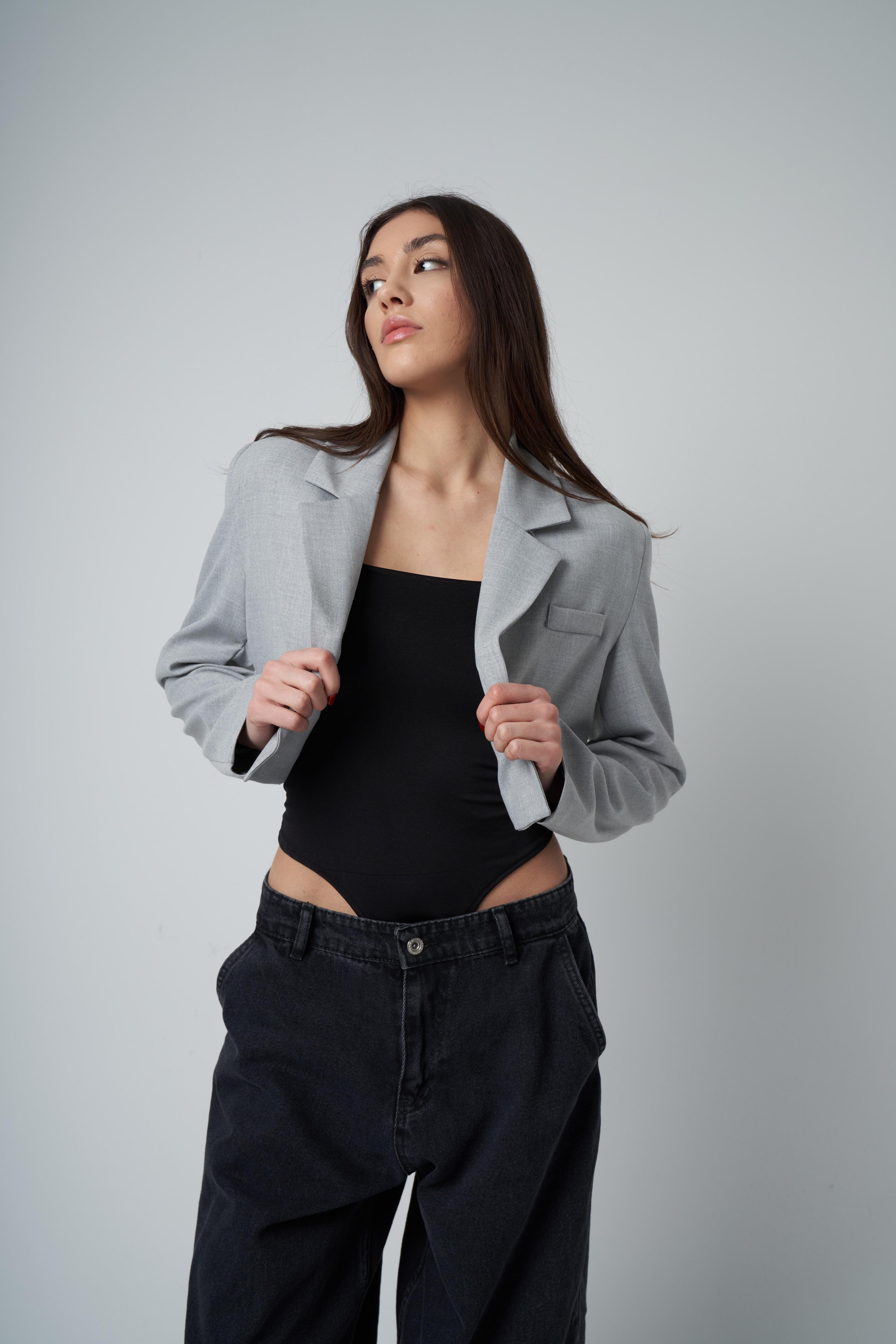 Crop Blazer Ceket Gri