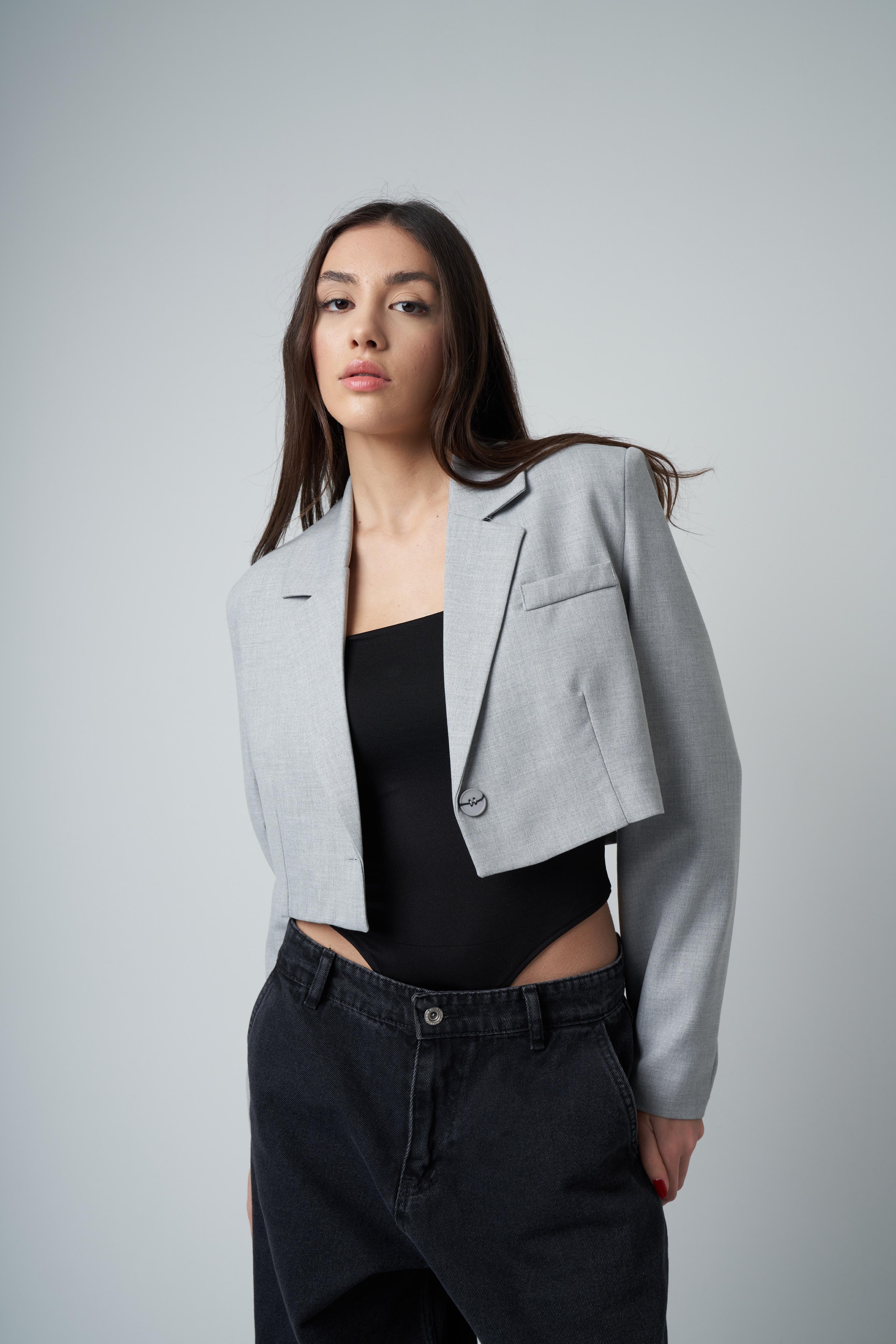 Crop Blazer Ceket Gri