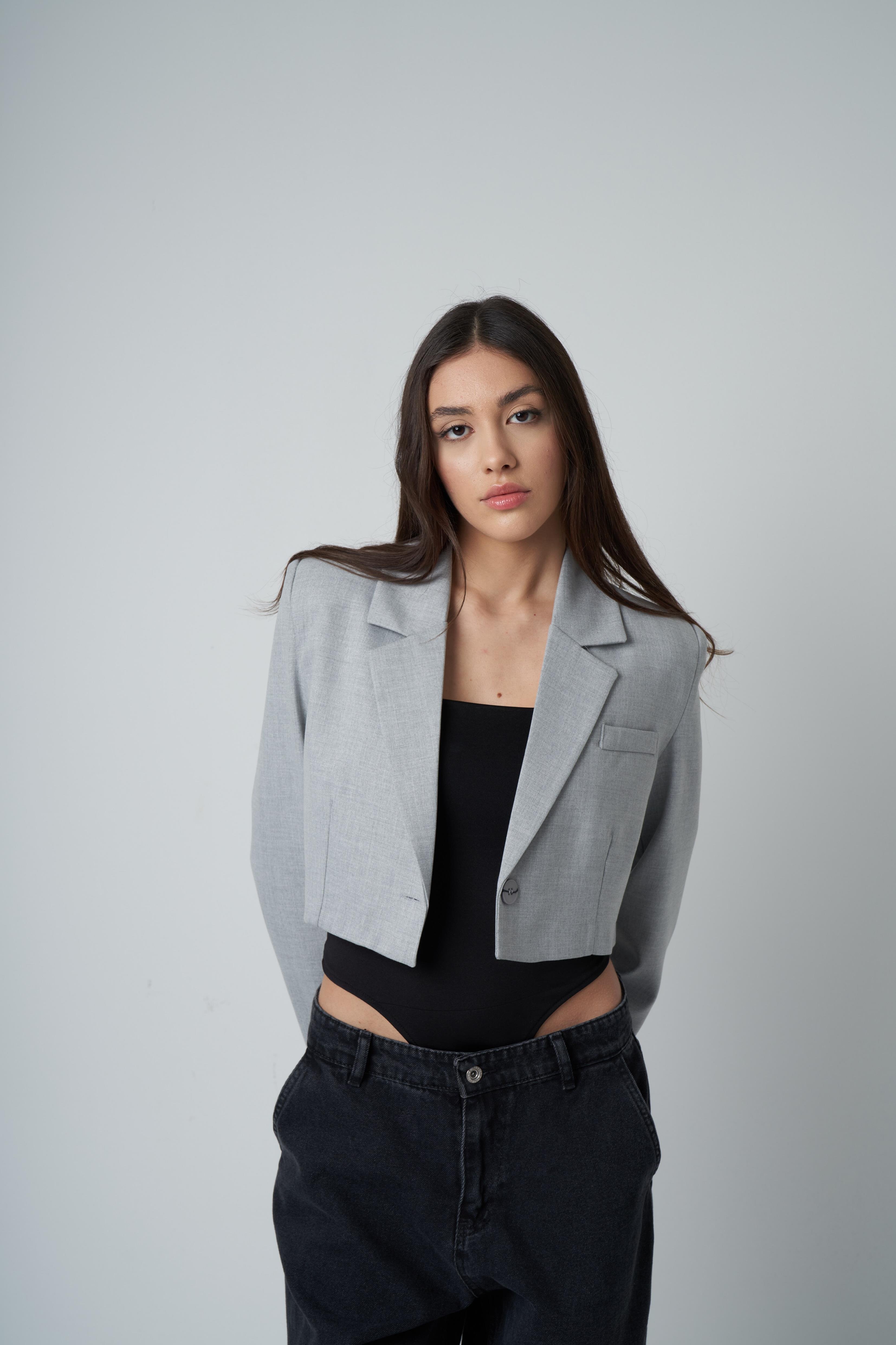 Crop Blazer Ceket Gri