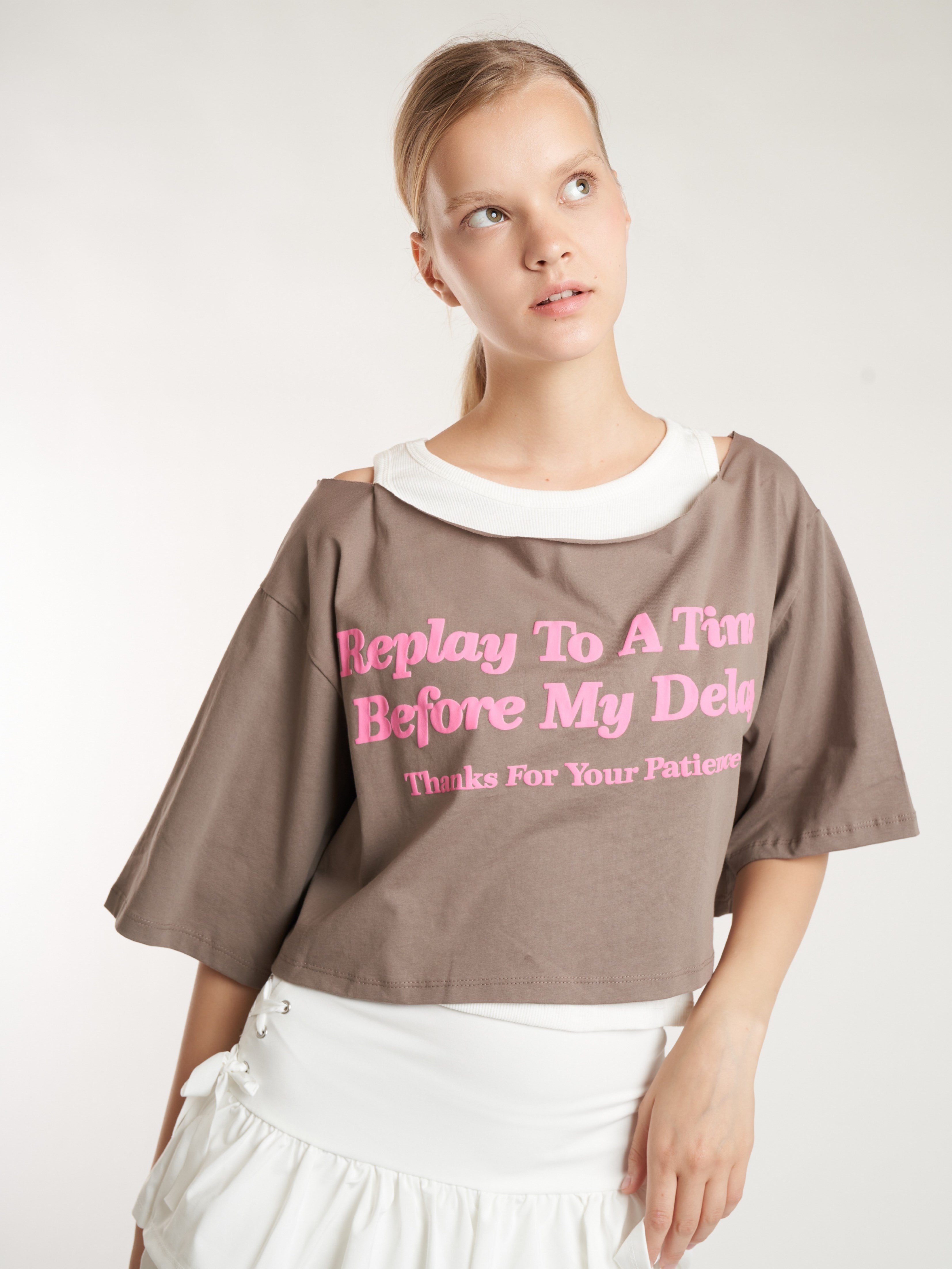 Crop Model Kısa Kol T-shirt Vizon-Ekru