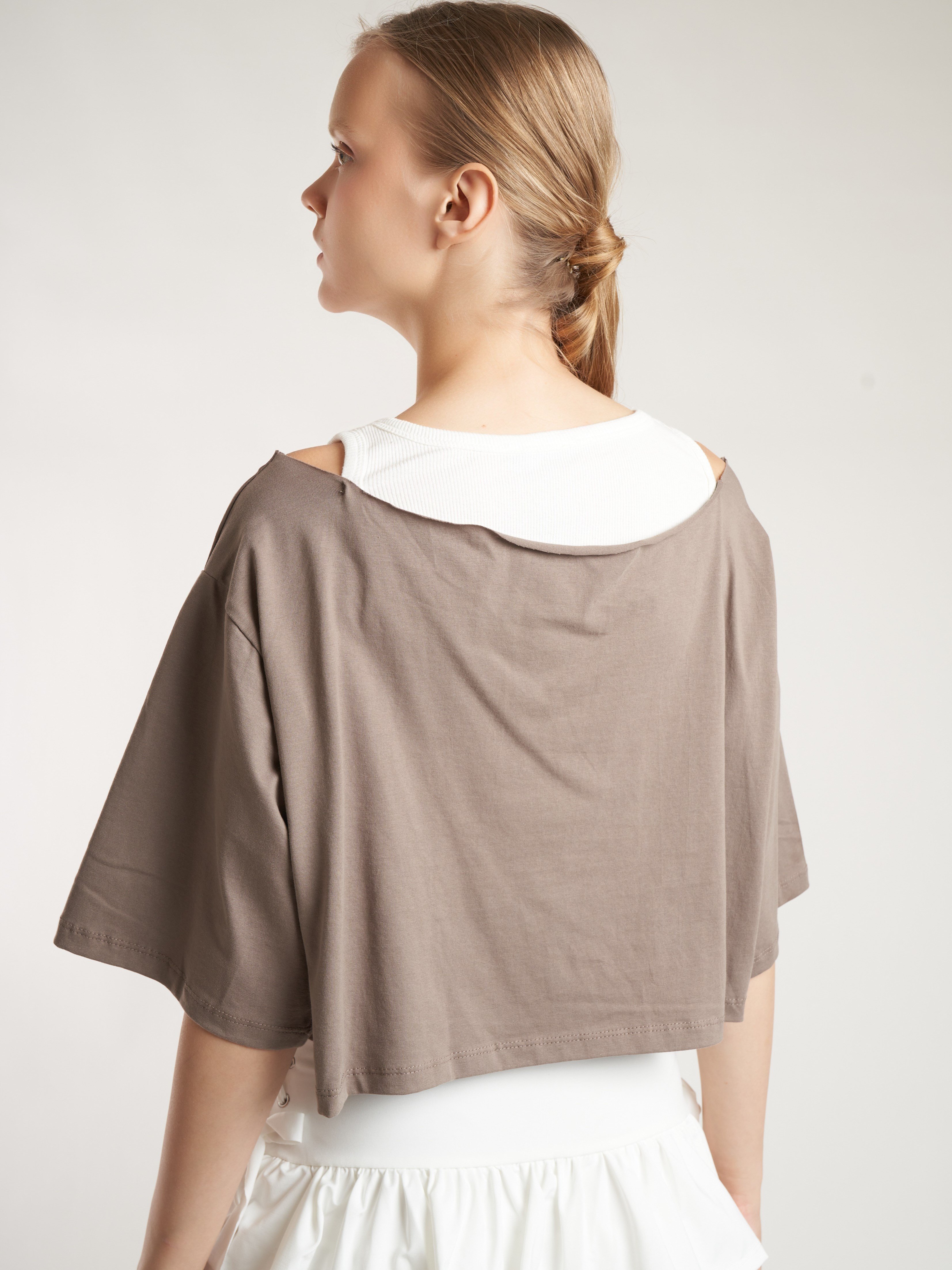 Crop Model Kısa Kol T-shirt Vizon-Ekru