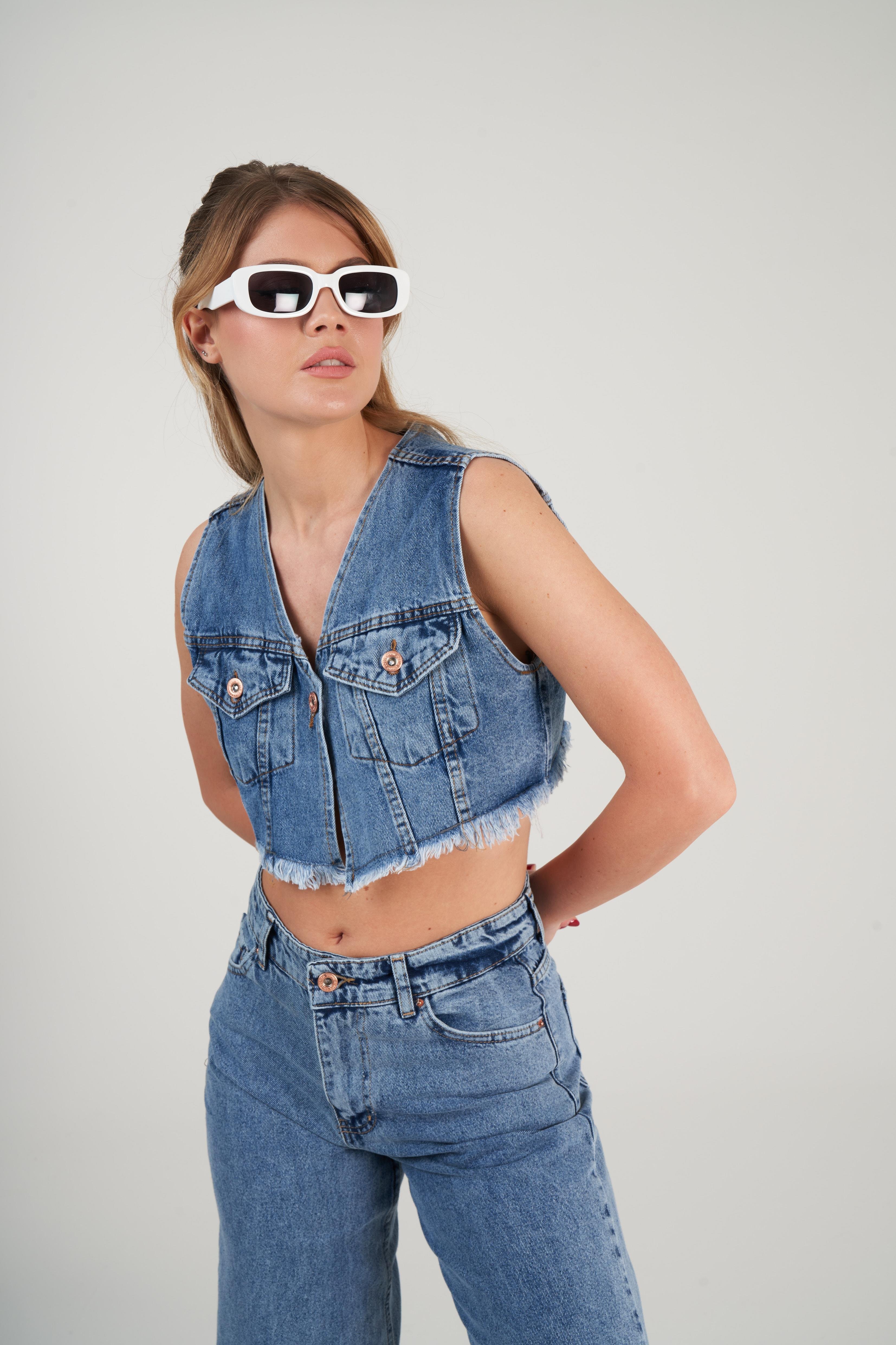 Denim Crop Yelek Mavi