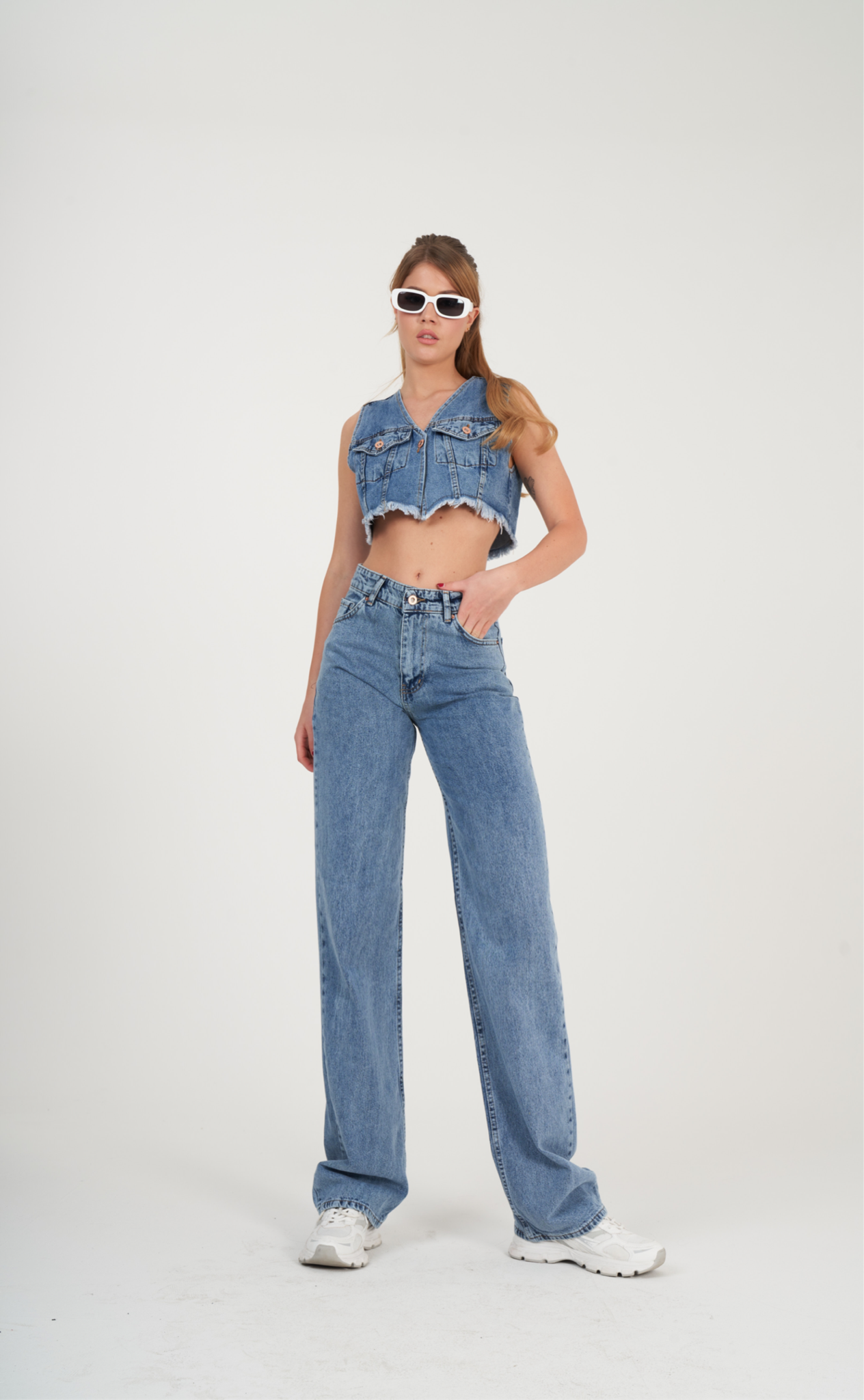 Denim Crop Yelek Mavi