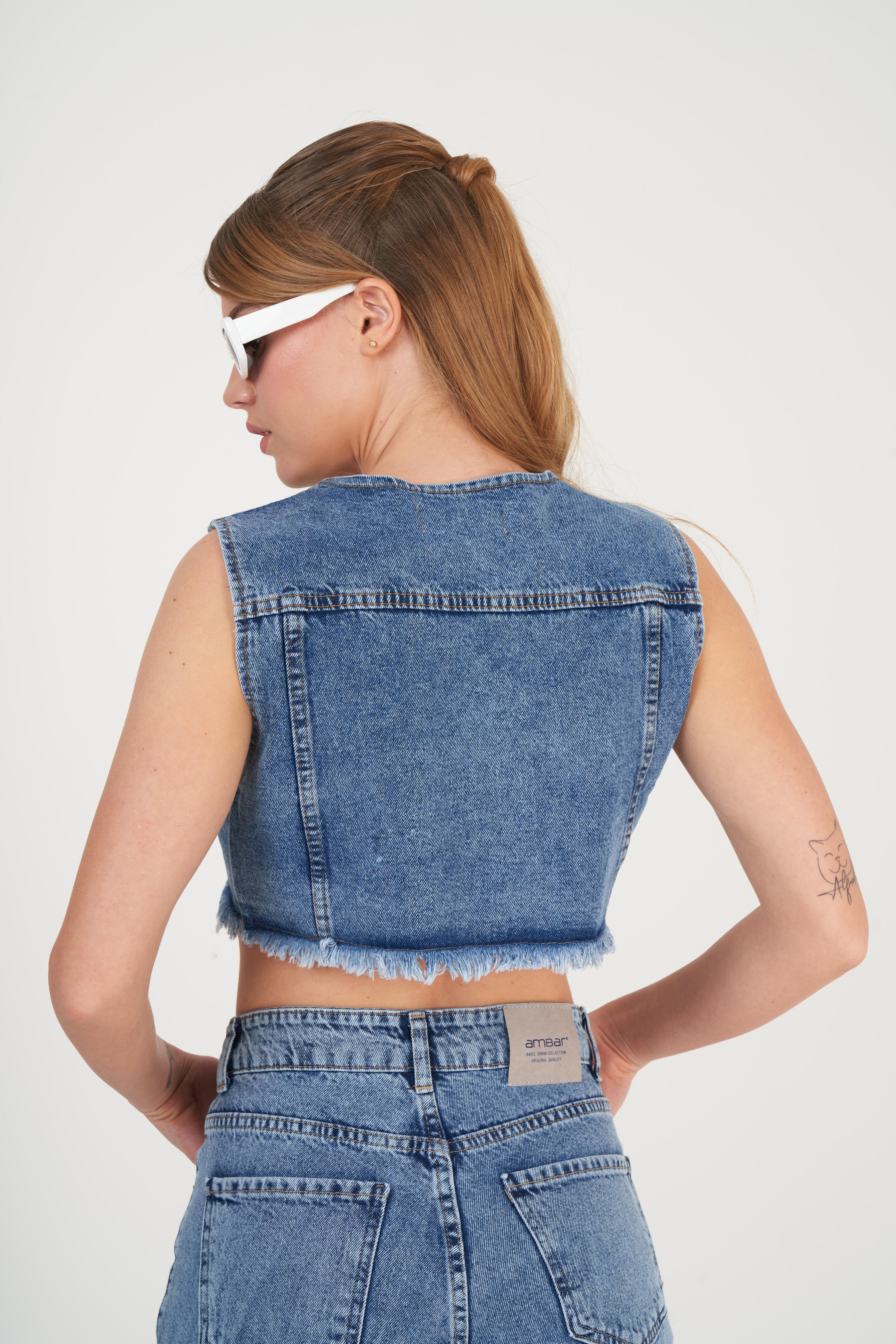 Denim Crop Yelek Mavi