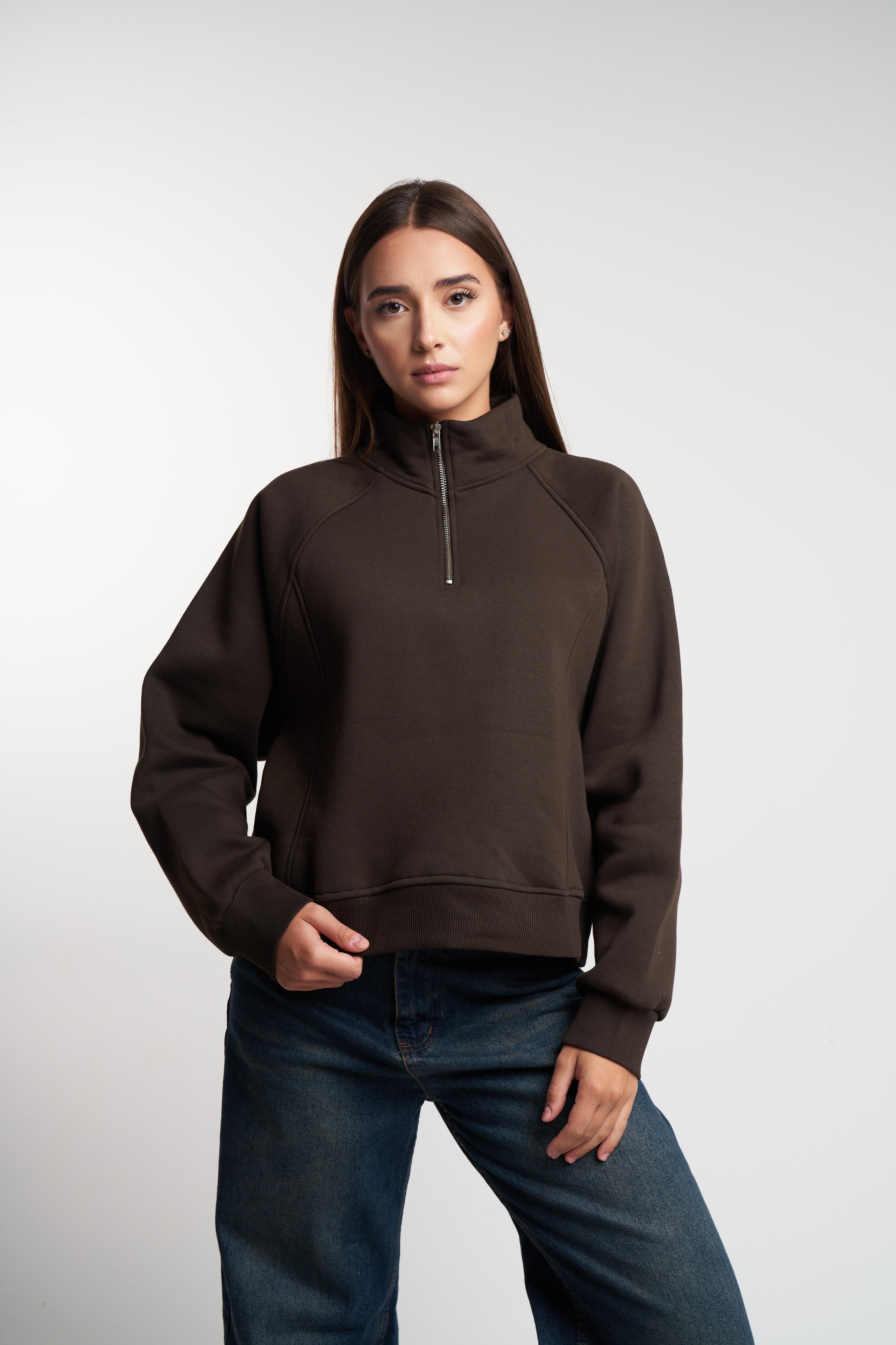 Dik Yaka Şardonlu Sweatshirt Kahve