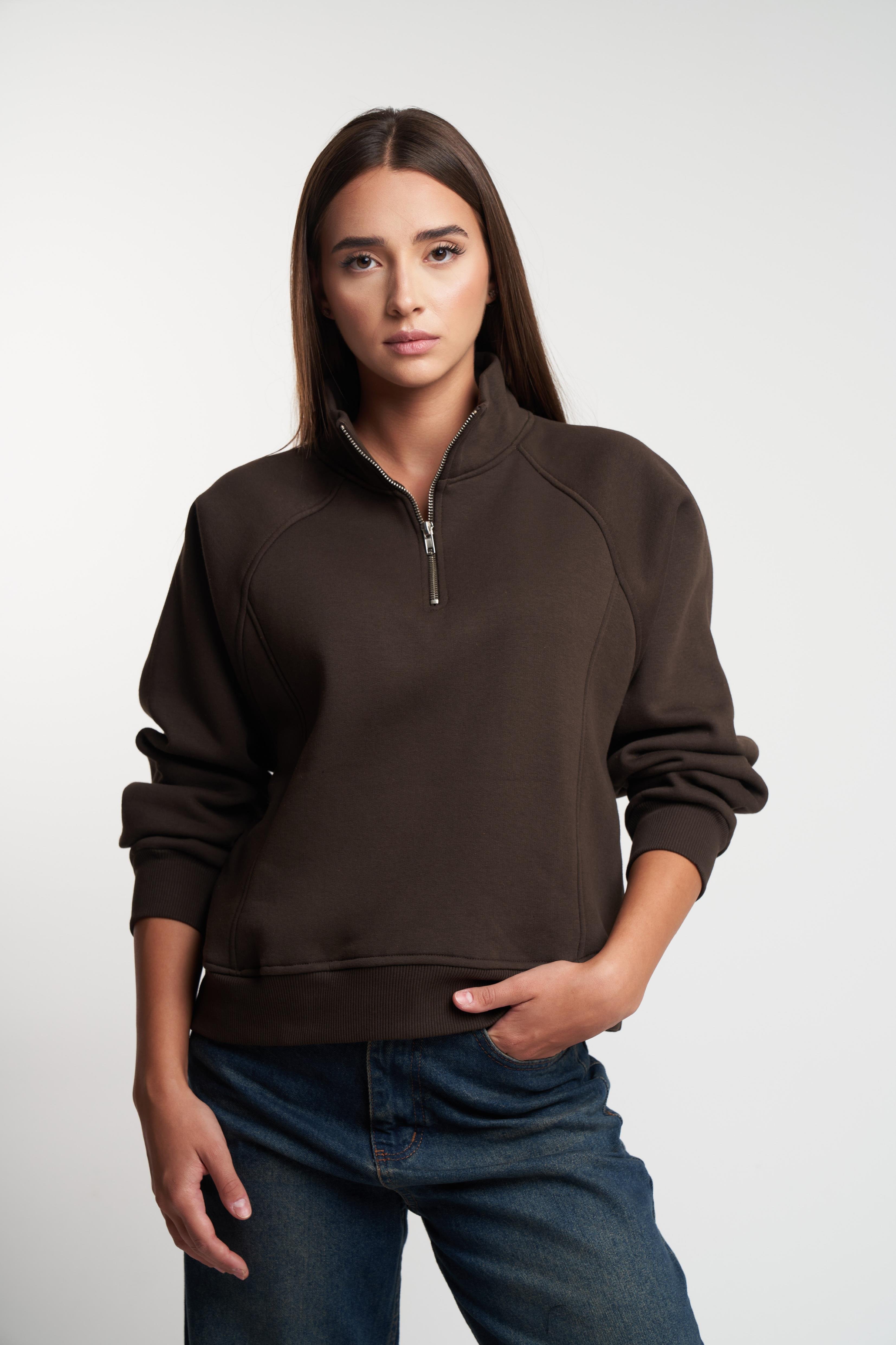 Dik Yaka Şardonlu Sweatshirt Kahve