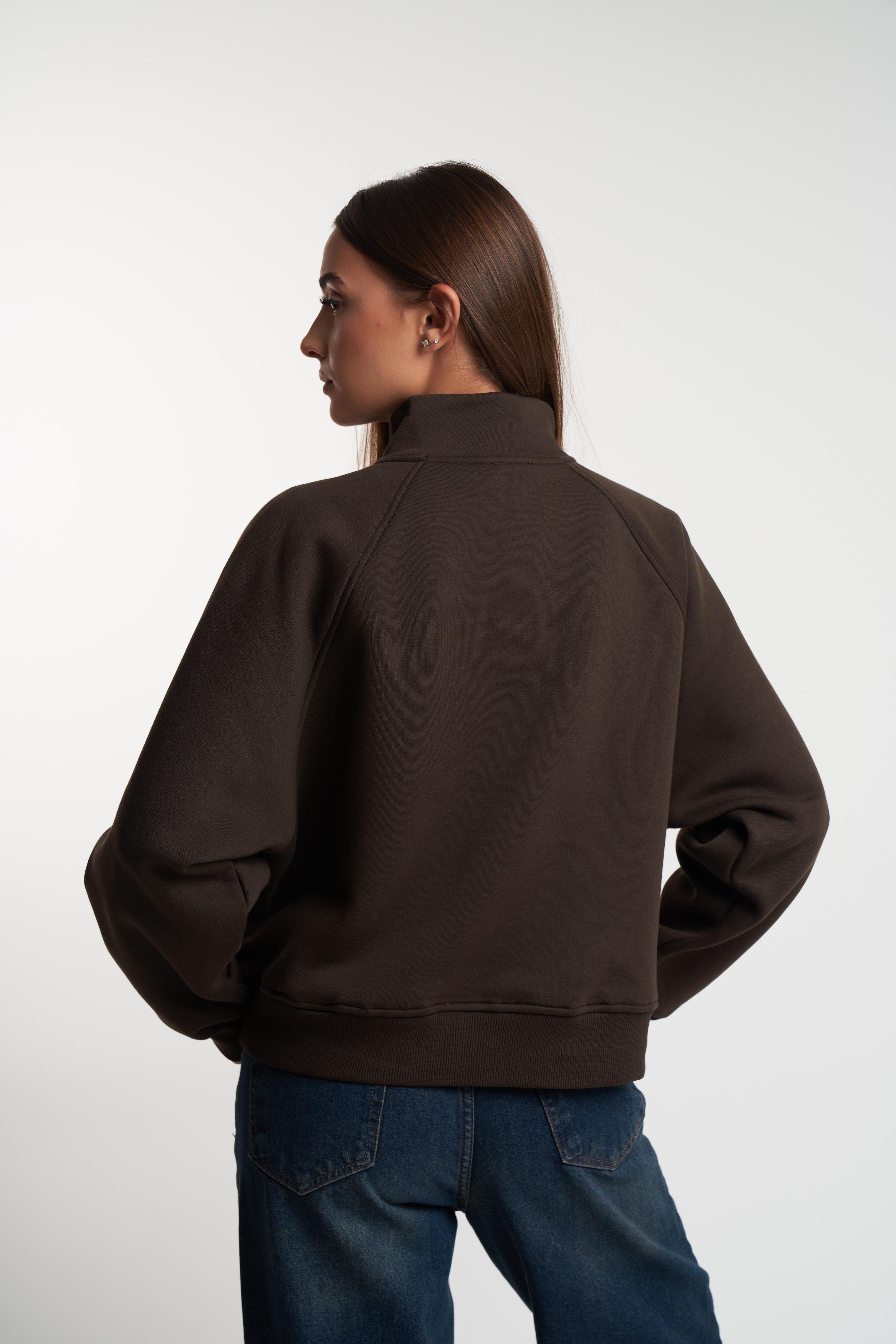 Dik Yaka Şardonlu Sweatshirt Kahve
