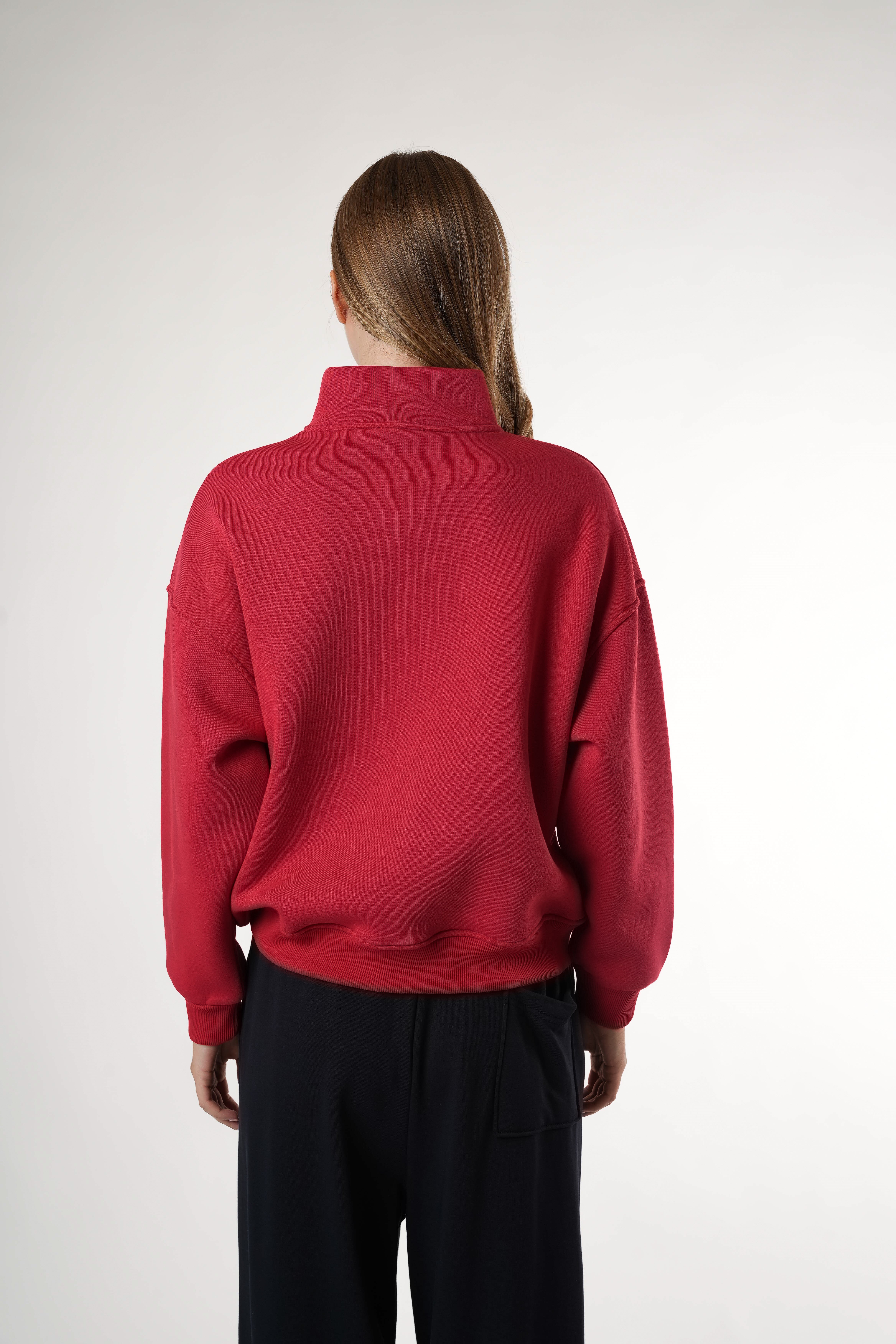 Dik Yaka Şardonlu Sweatshirt Kırmızı
