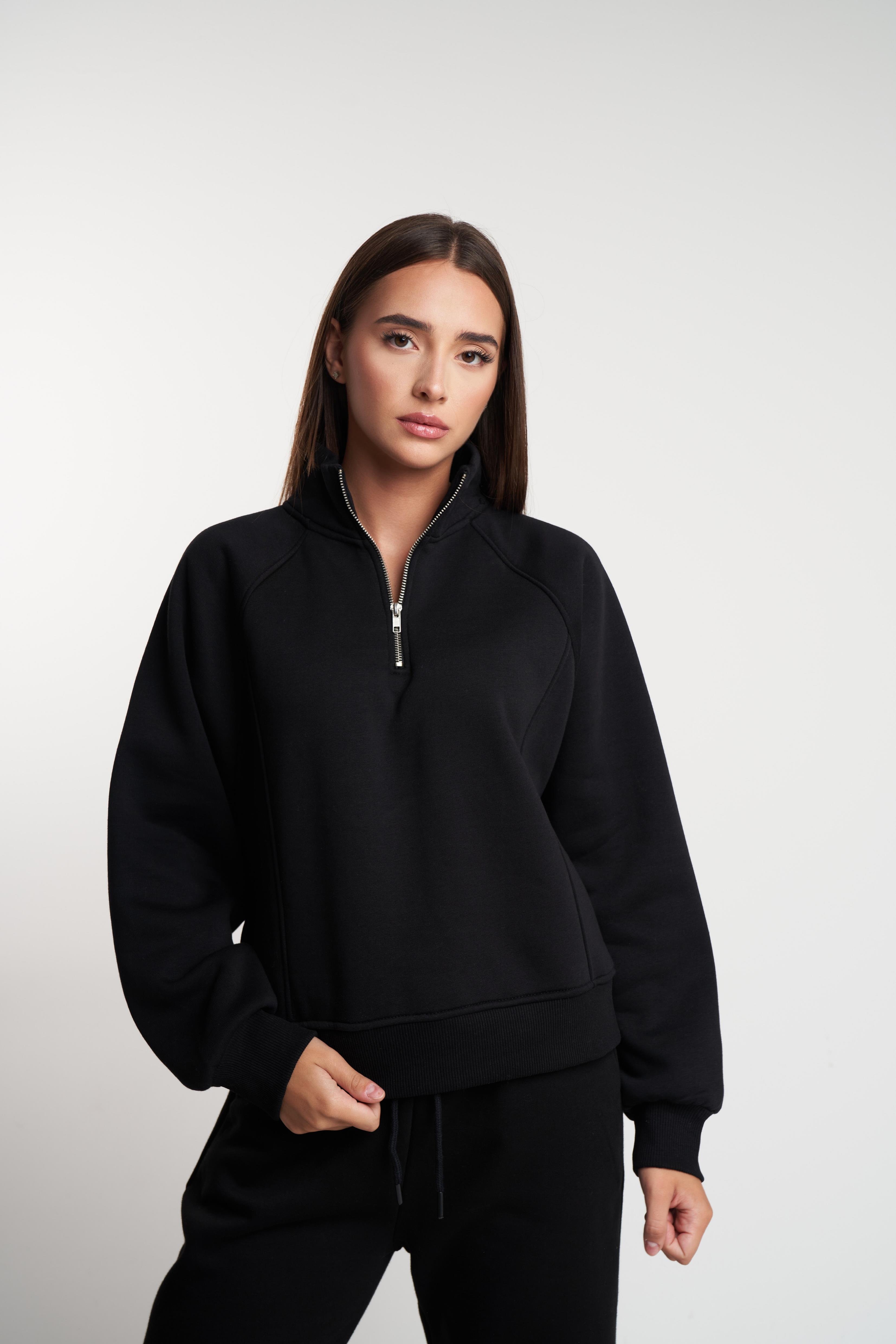 Dik Yaka Şardonlu Sweatshirt Siyah