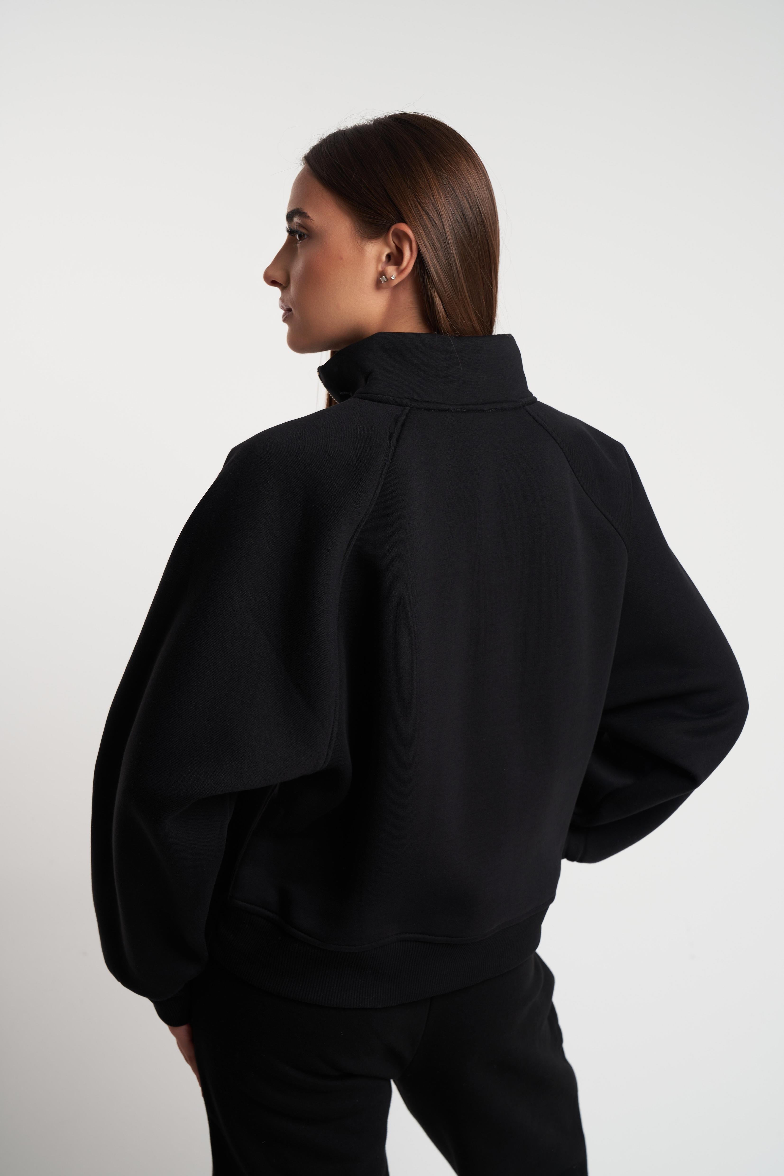 Dik Yaka Şardonlu Sweatshirt Siyah