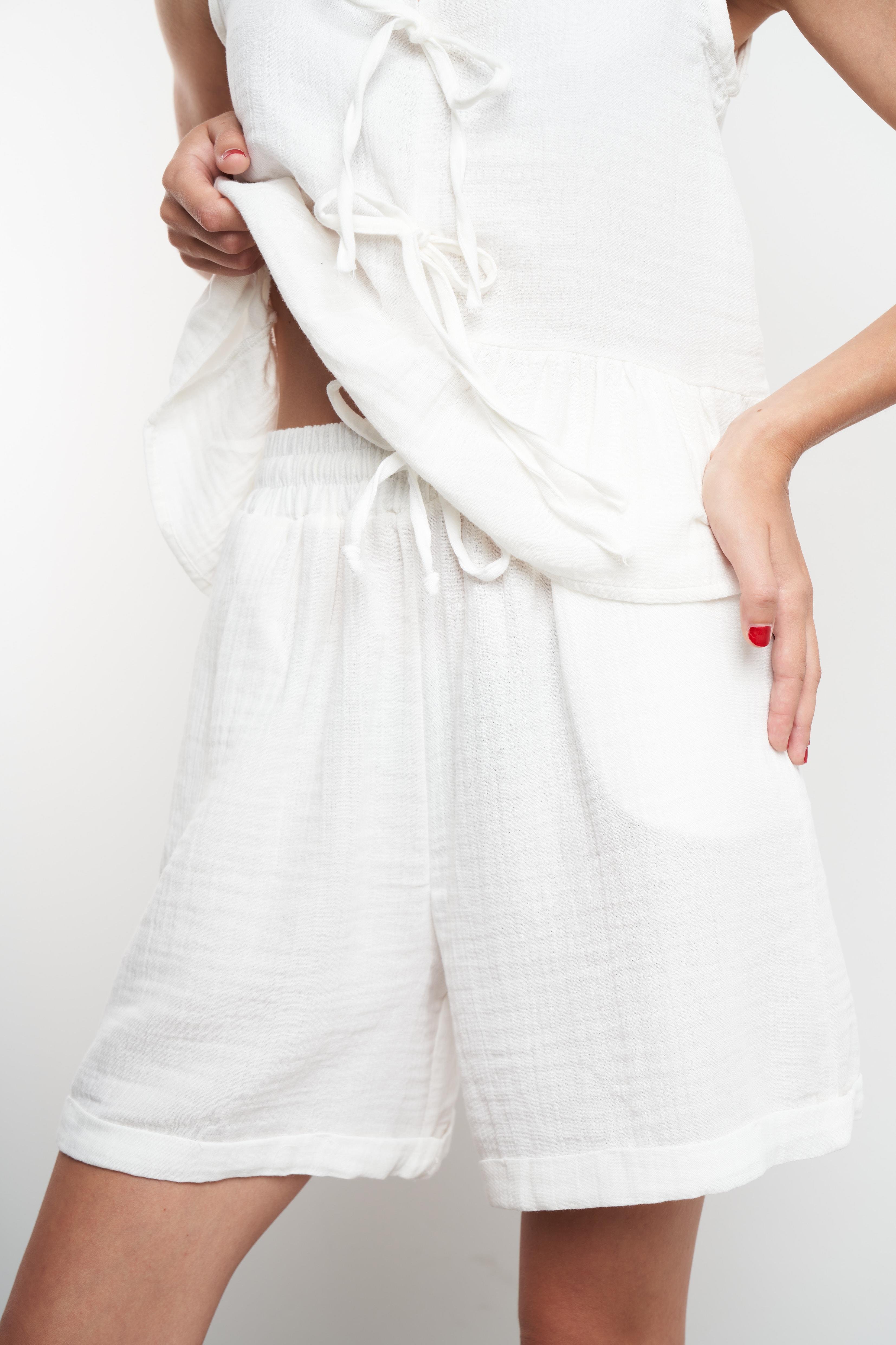 Duble Paça Müslin Şort Ekru